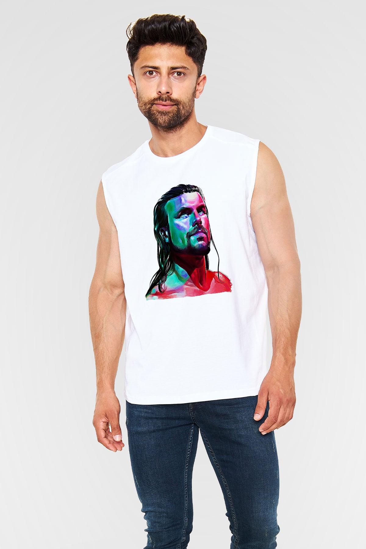 Adam Cole Baskılı Beyaz Unisex Kolsuz Tişört - Tshirt