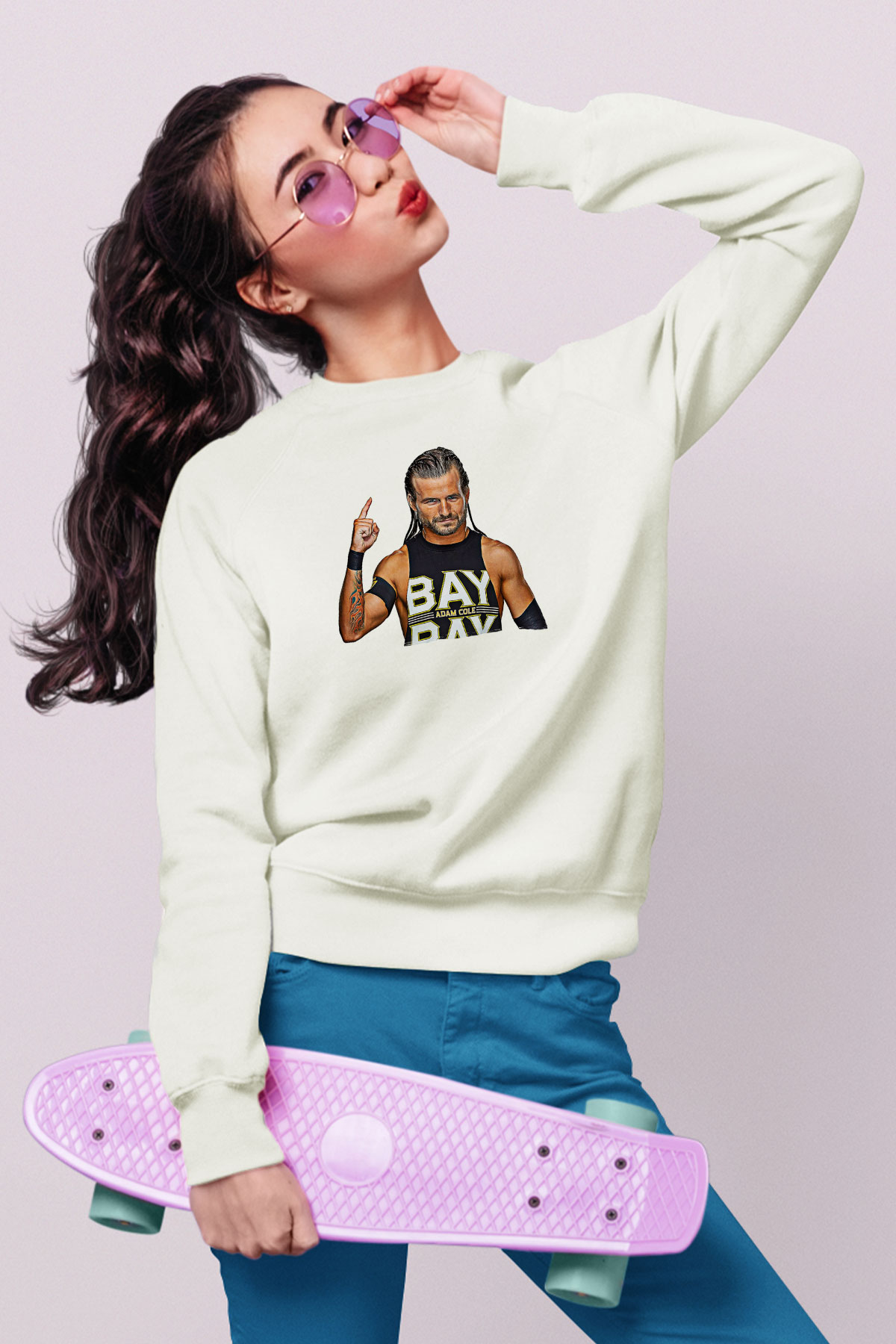 Adam Cole Baskılı Beyaz Unisex Sweatshirt