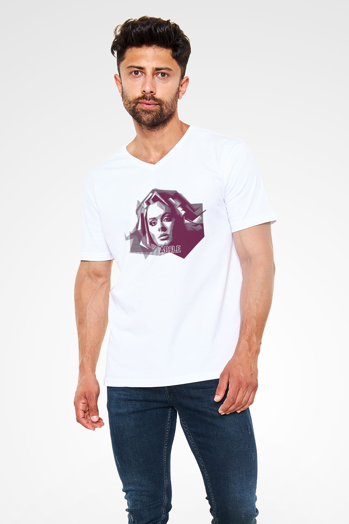 Adele Beyaz Unisex V Yaka Tişört