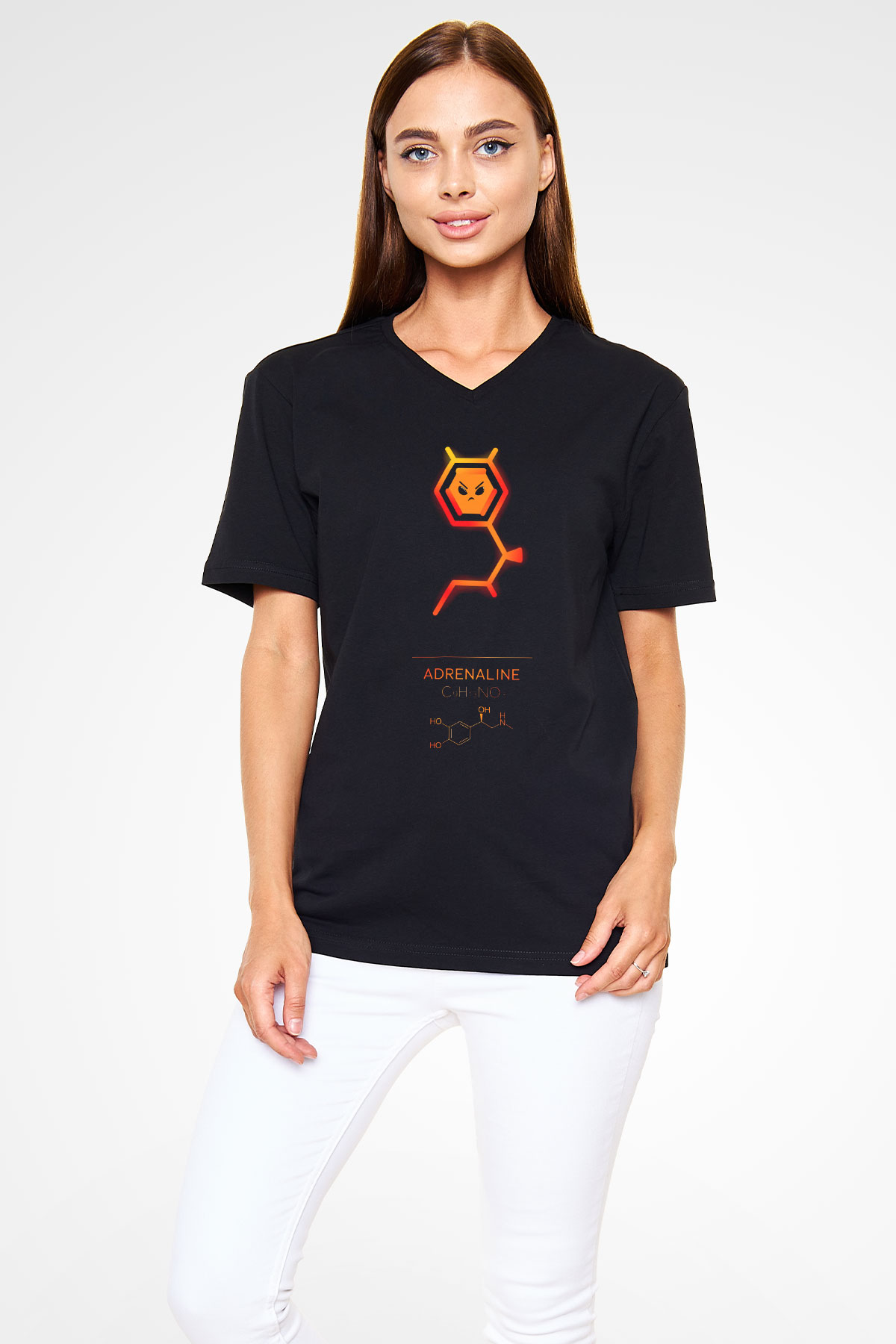 Adrenalin Molekülü Baskılı Unisex V Yaka Siyah Tİşört - Tshirt