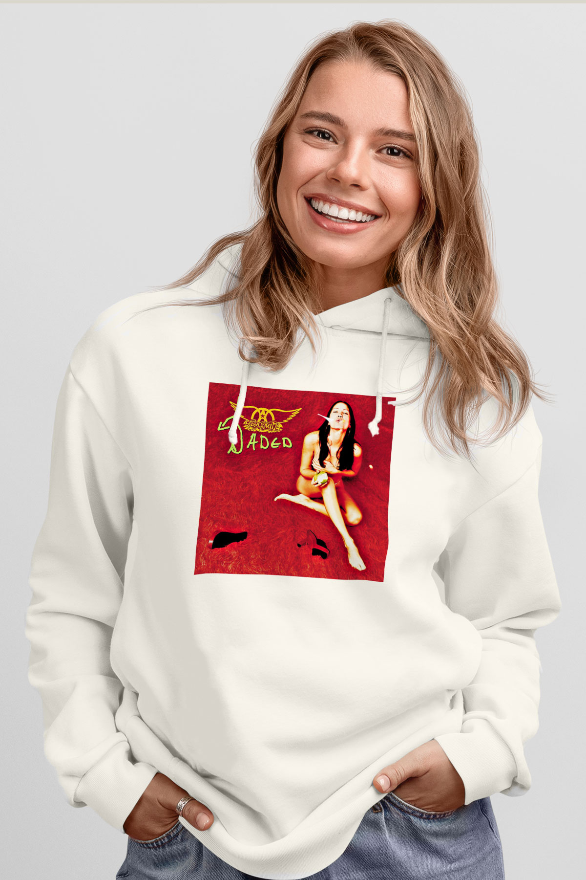 Aerosmith Baskılı Unisex Beyaz Hoodie