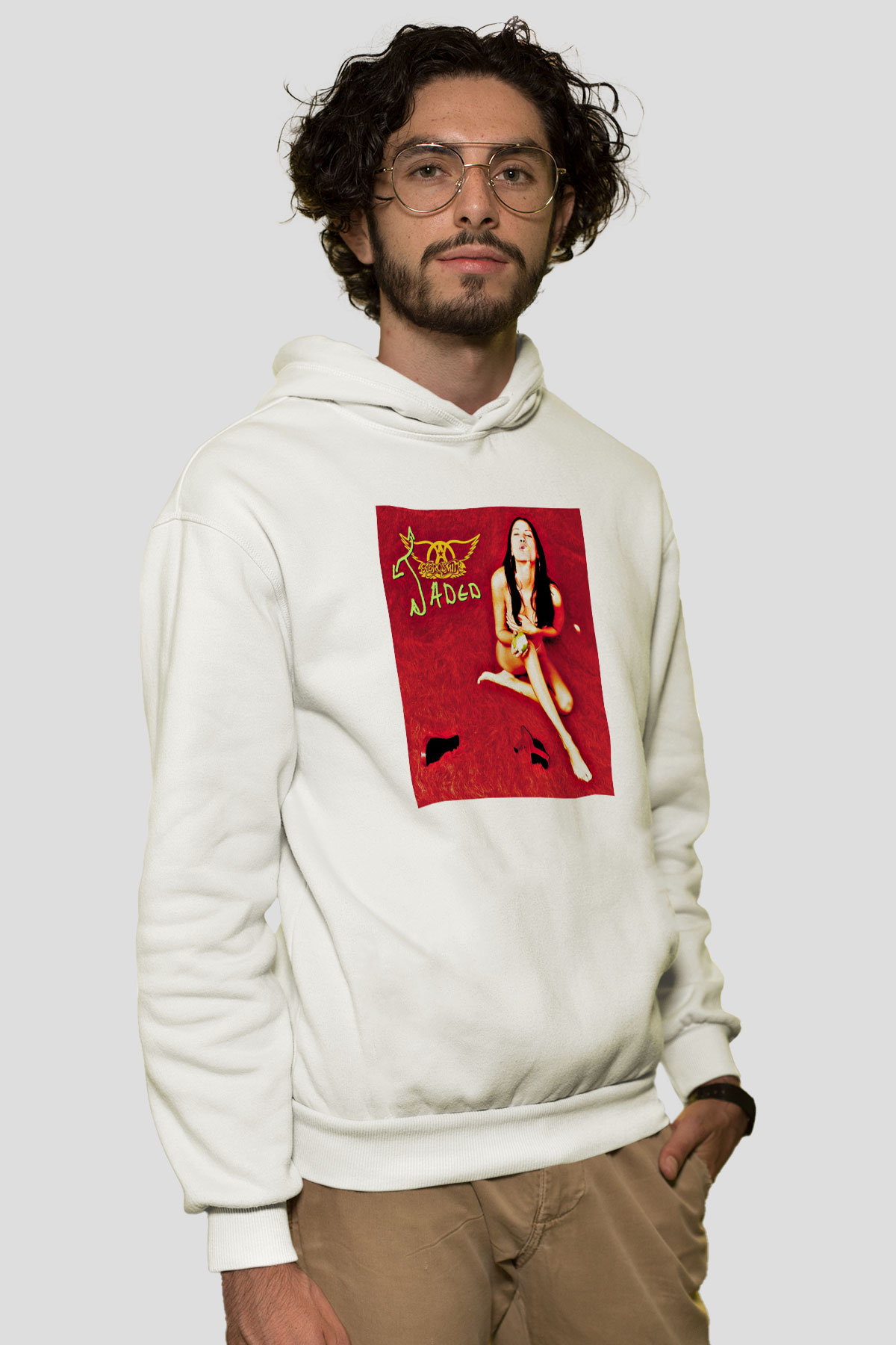 Aerosmith Baskılı Unisex Beyaz Hoodie