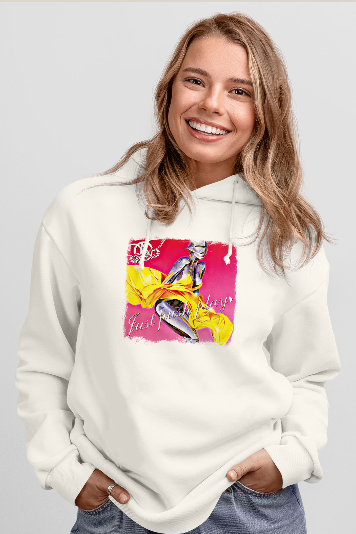 Aerosmith Baskılı Unisex Beyaz Hoodie