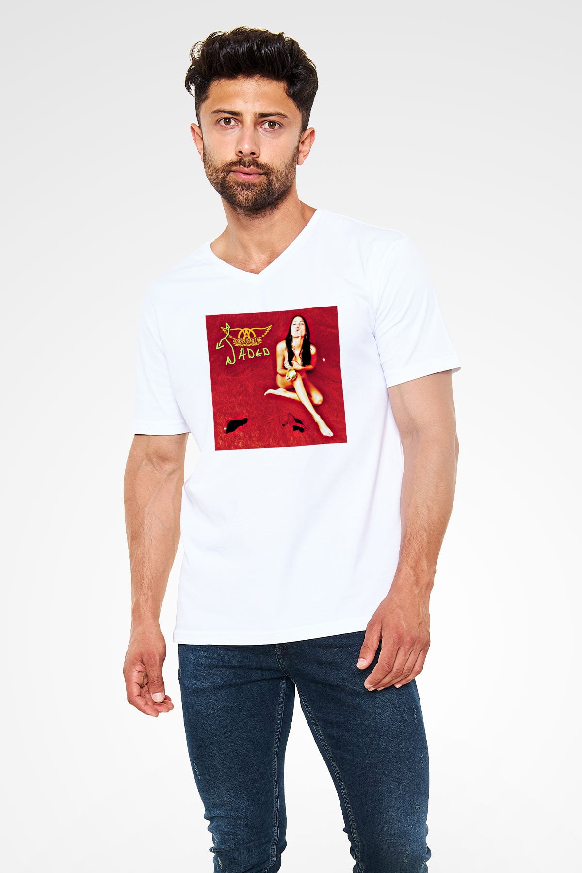 Aerosmith Baskılı Unisex Beyaz V Yaka Tişört