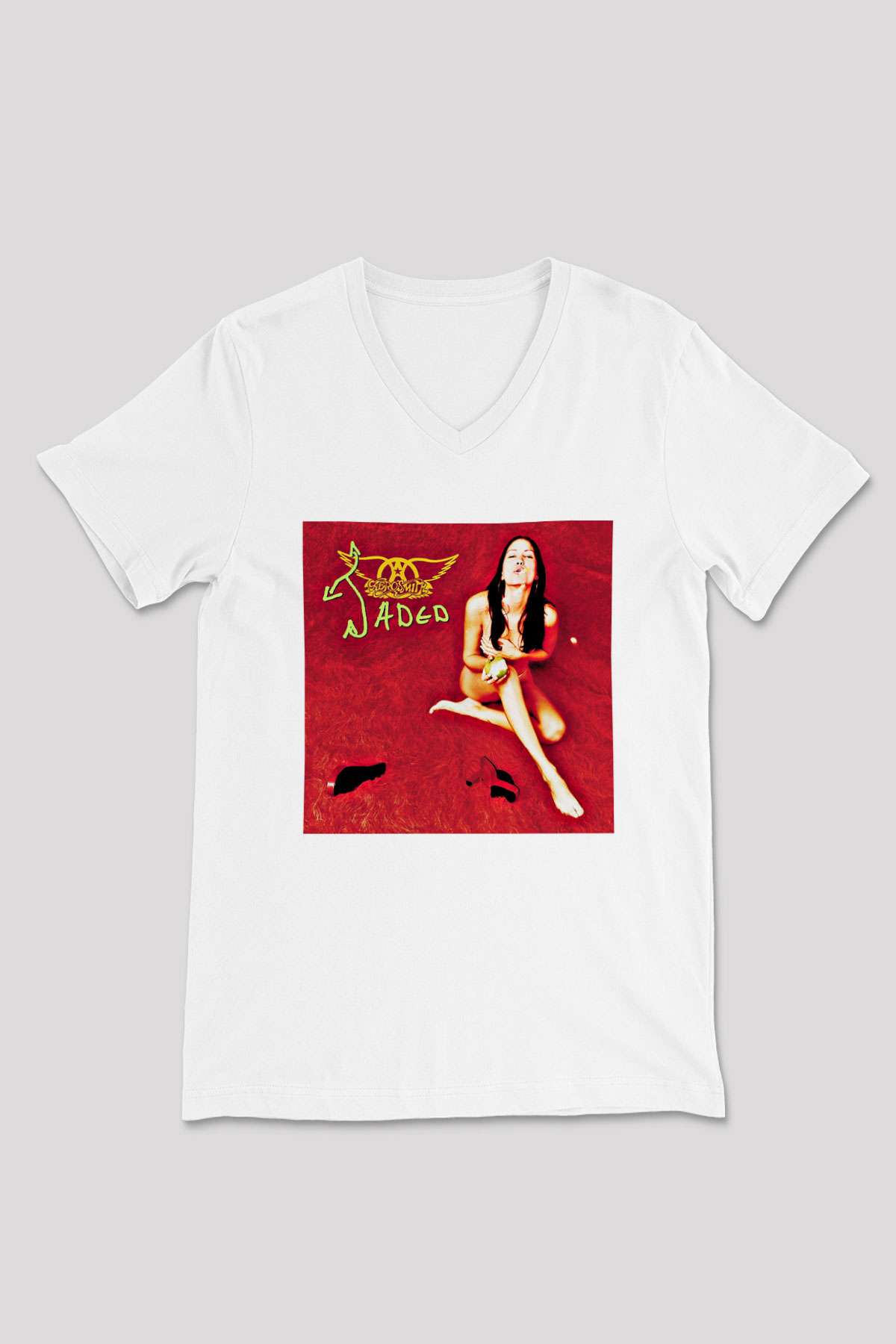Aerosmith Baskılı Unisex Beyaz V Yaka Tişört