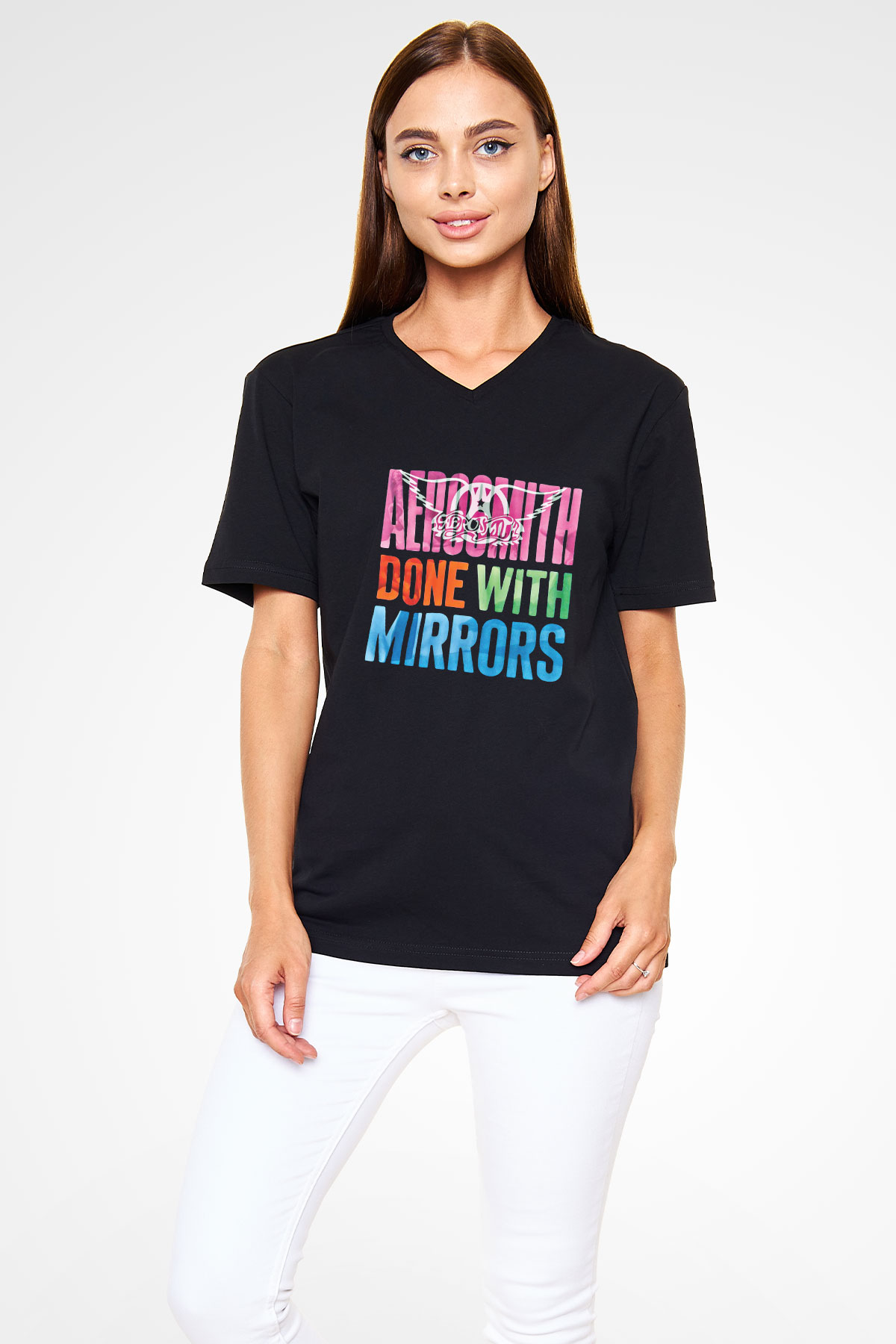 Aerosmith Baskılı Unisex Siyah V Yaka Tişört