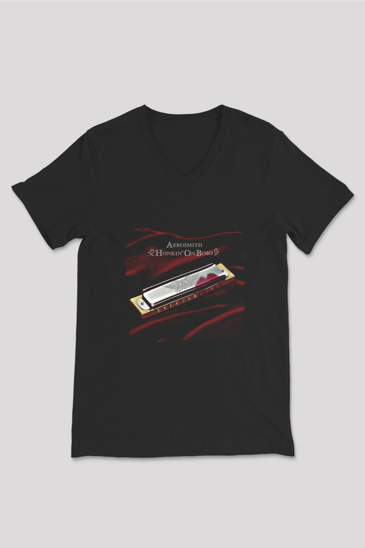 Aerosmith Baskılı Unisex Siyah V Yaka Tişört