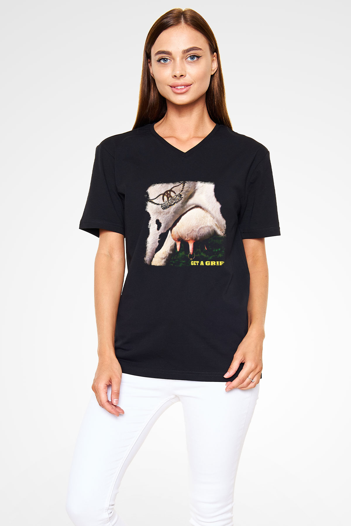 Aerosmith Baskılı Unisex Siyah V Yaka Tişört