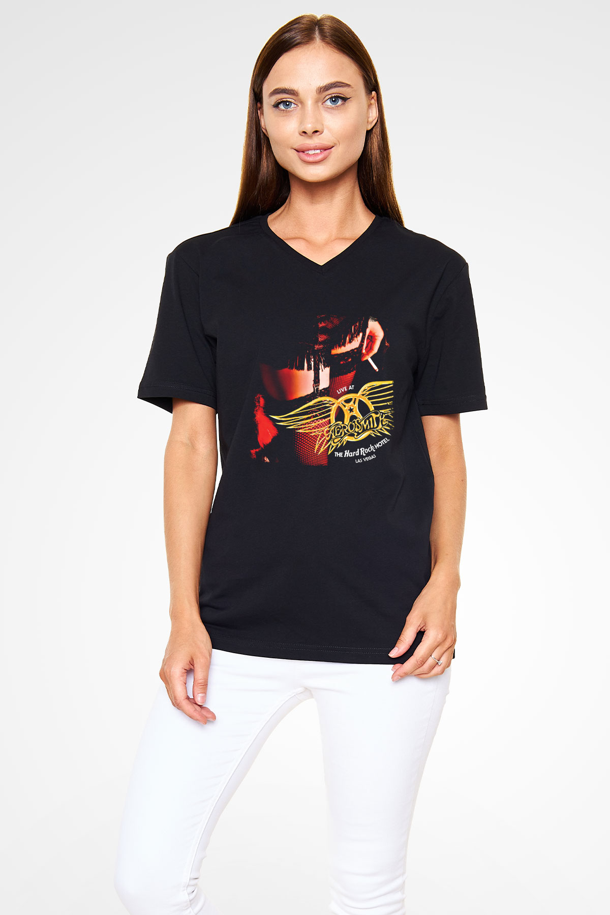 Aerosmith Baskılı Unisex Siyah V Yaka Tişört