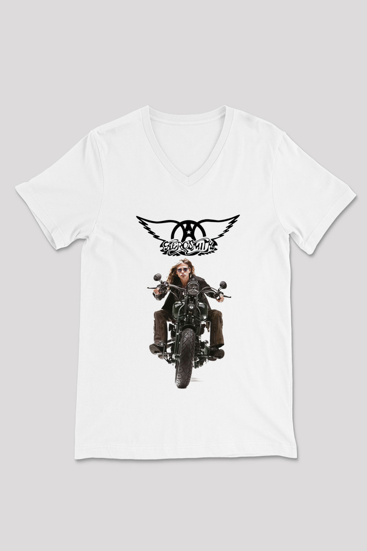 Aerosmith Beyaz Unisex V Yaka Tişört T-Shirt