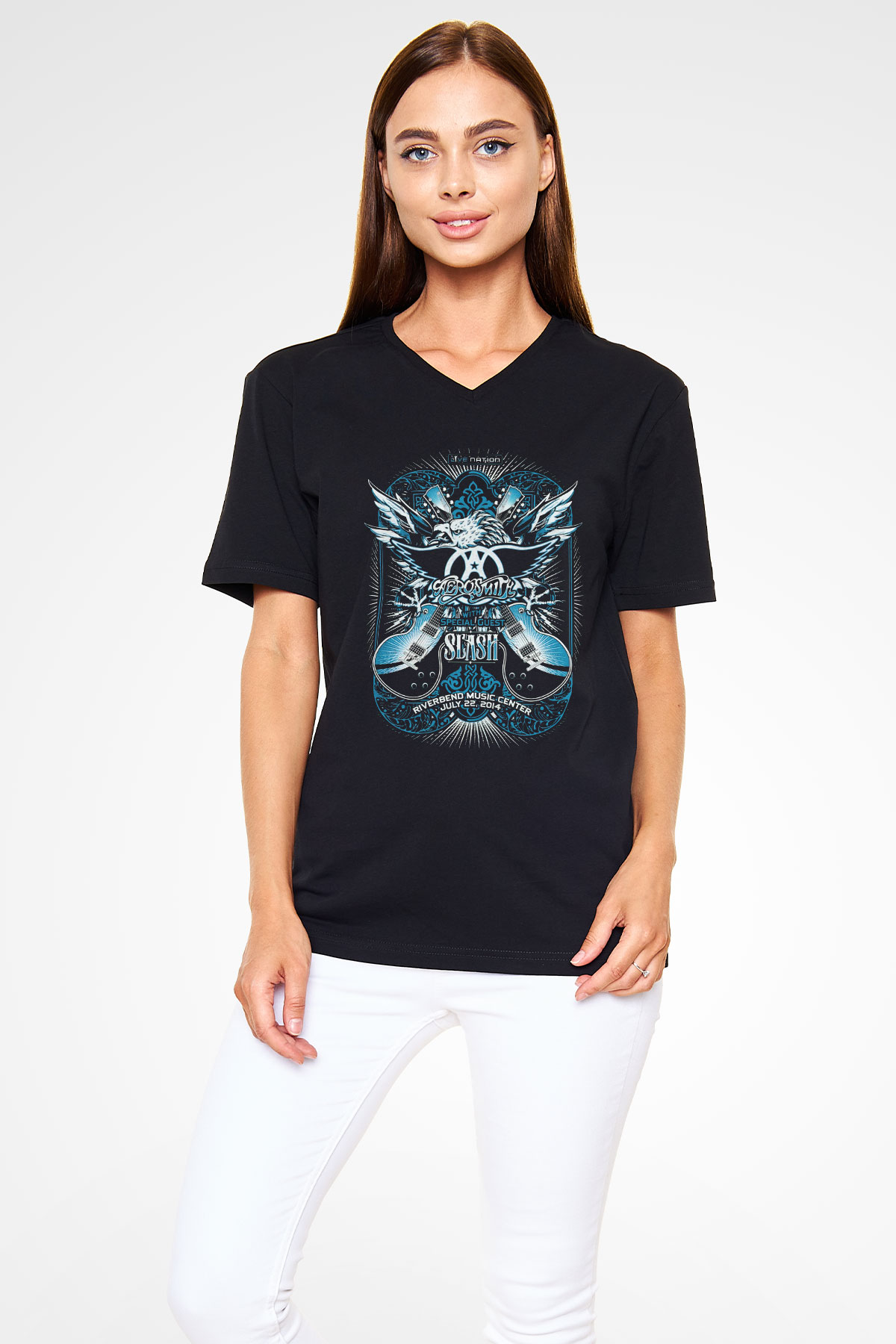 Aerosmith Siyah Unisex V Yaka Tişört T-Shirt