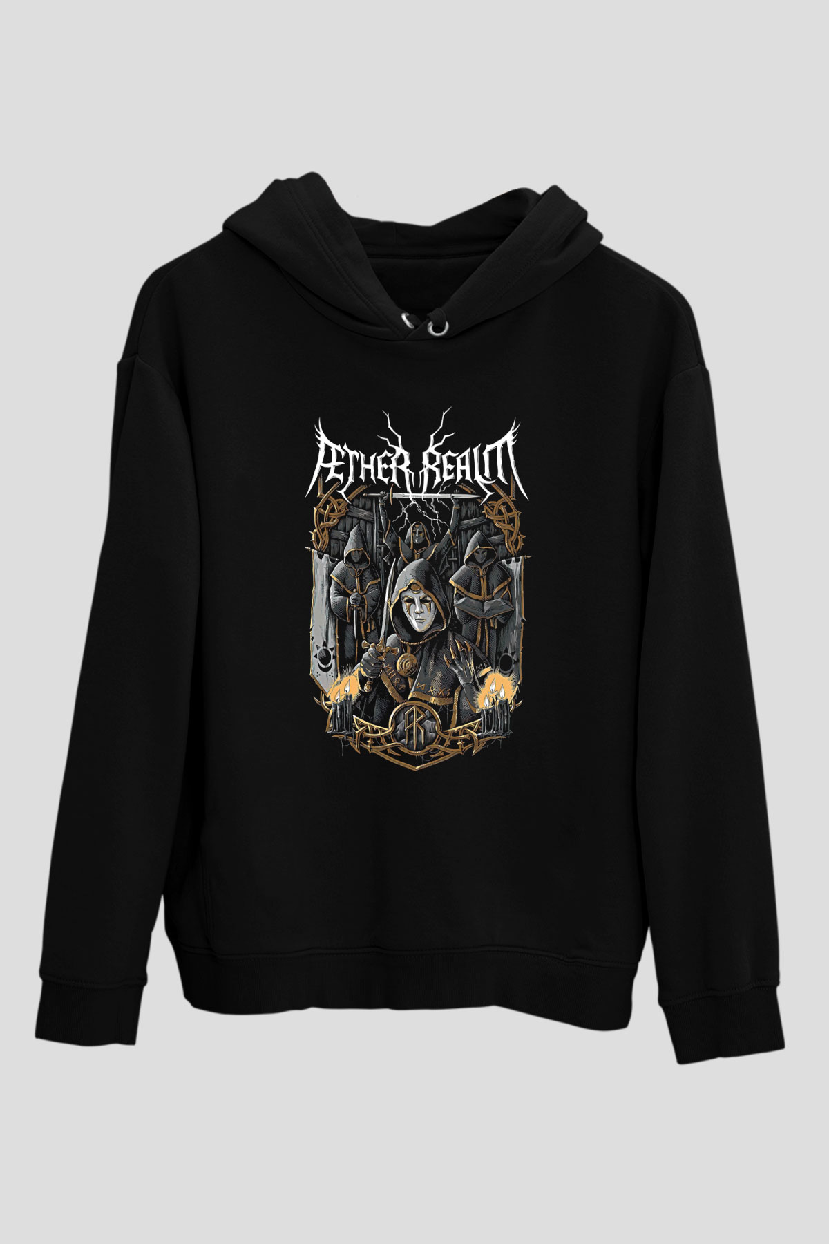 Aether Realm Baskılı Unisex Siyah Kapüşonlu Sweatshirt