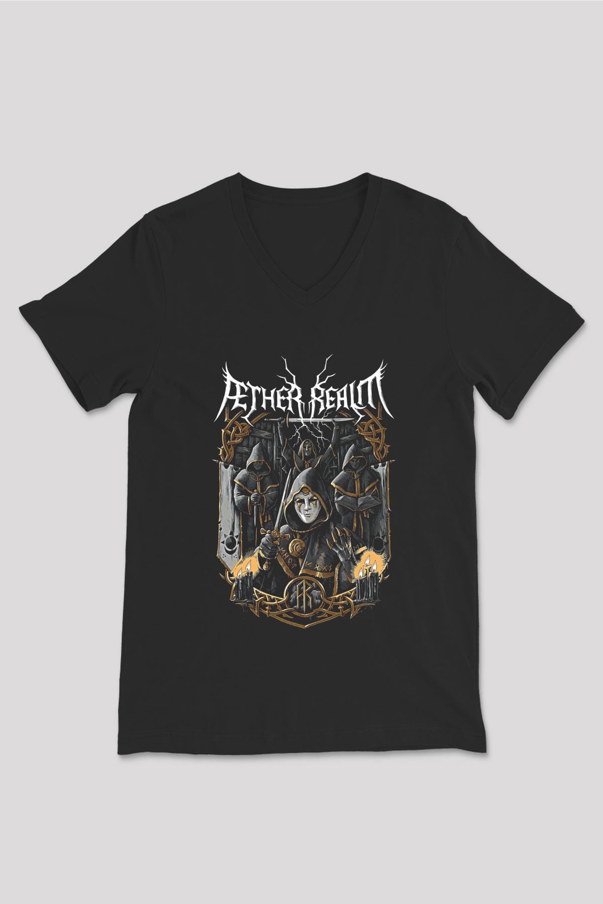 Aether Realm Baskılı Unisex Siyah V Yaka Tişört - Tshirt