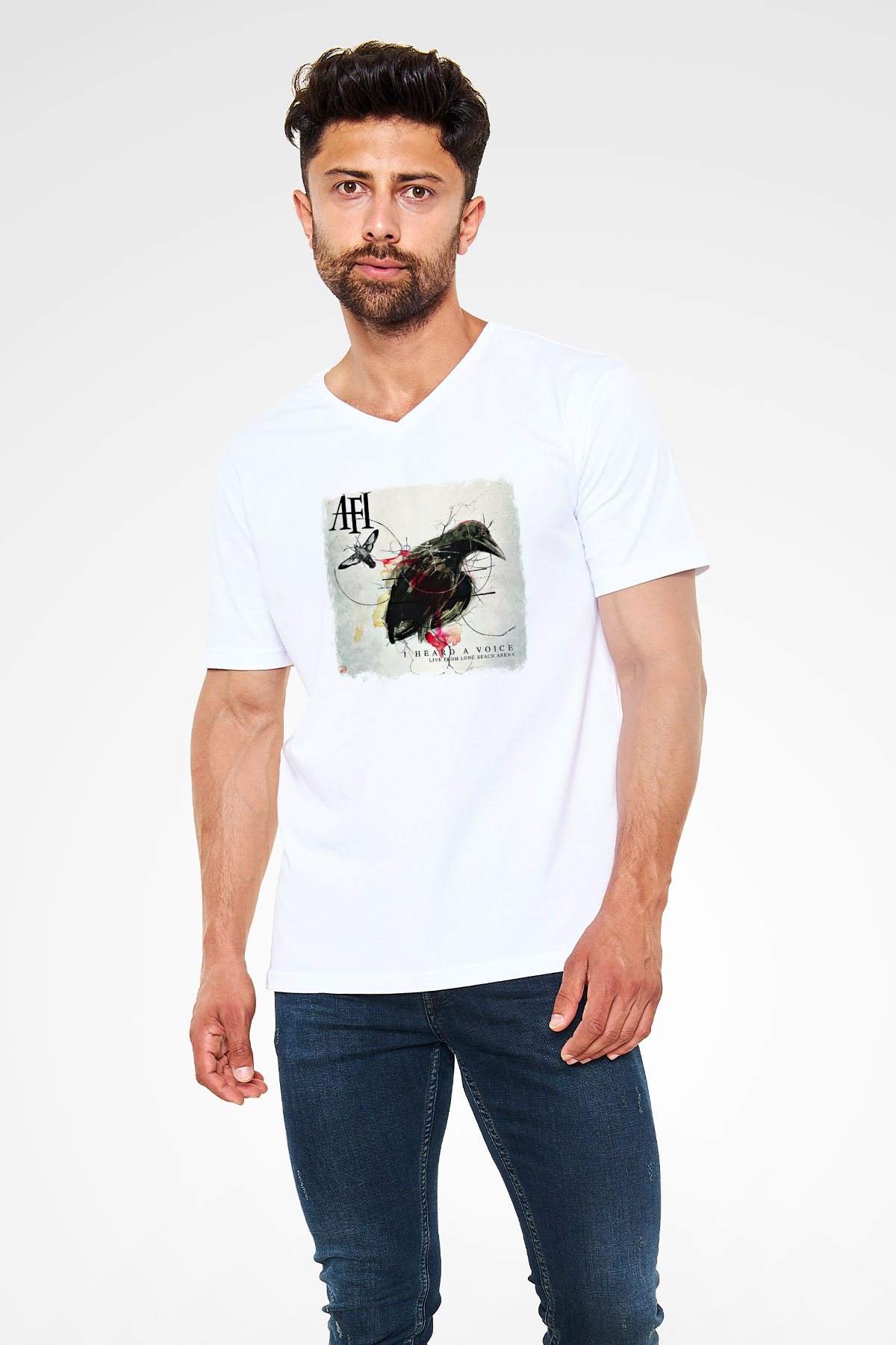 Afi Baskılı Unisex Beyaz V Yaka Tişört