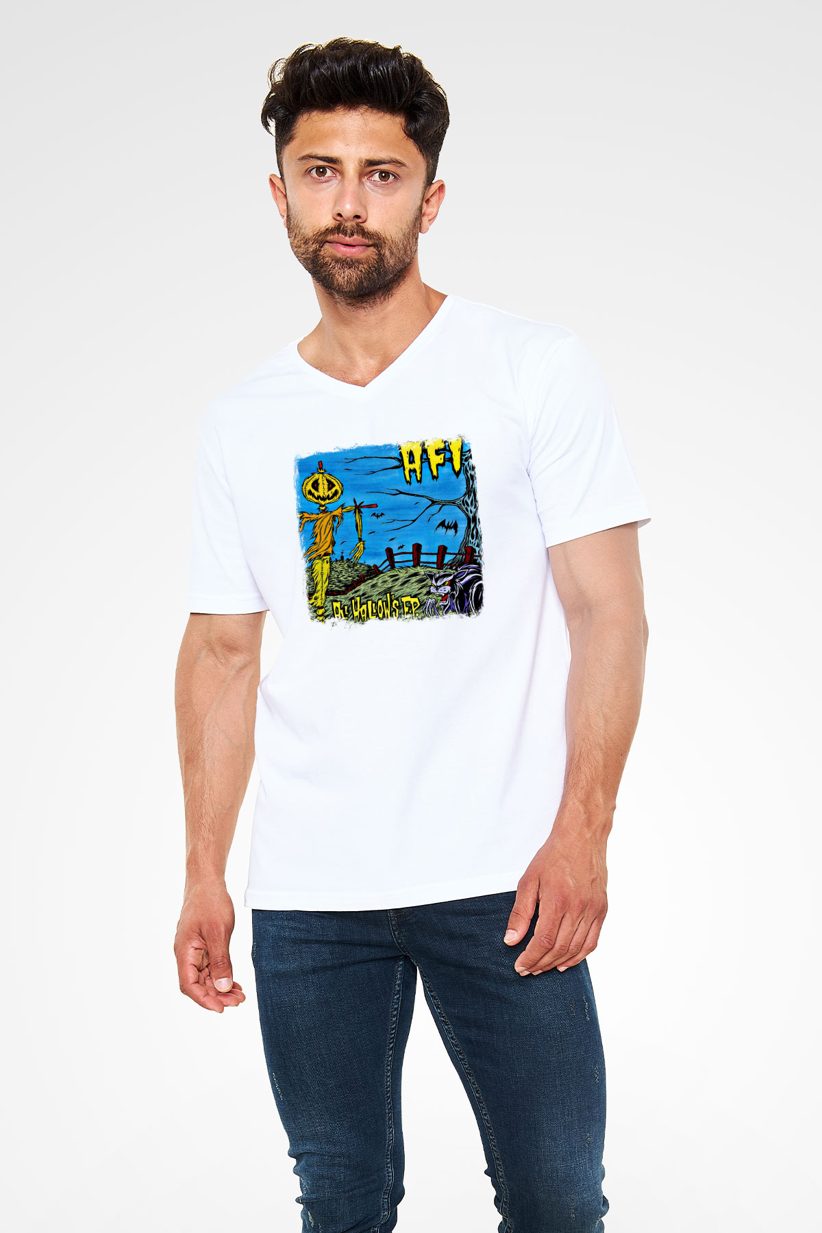 Afi Baskılı Unisex Beyaz V Yaka Tişört