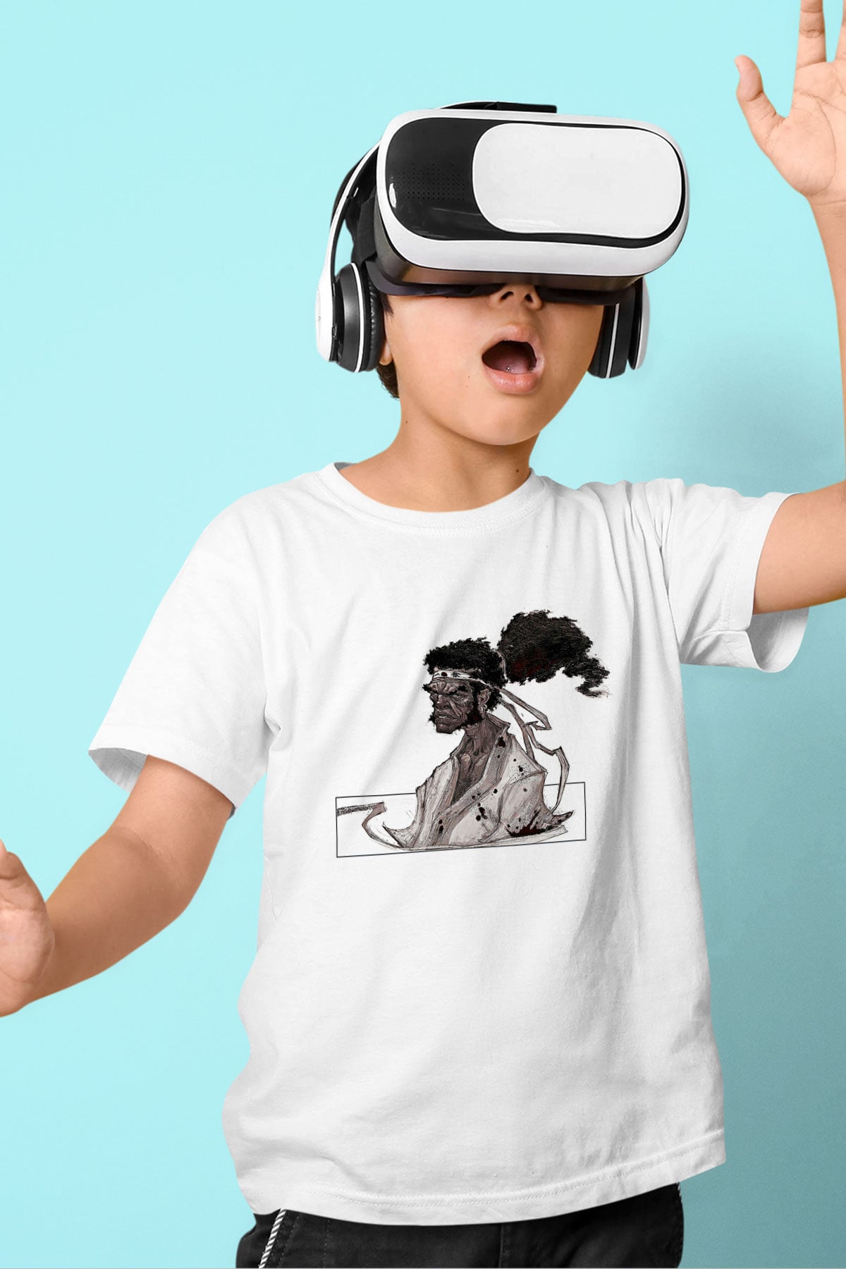 Afro Samurai Baskılı Beyaz Unisex Beyaz Çocuk Tişört - Tshirt