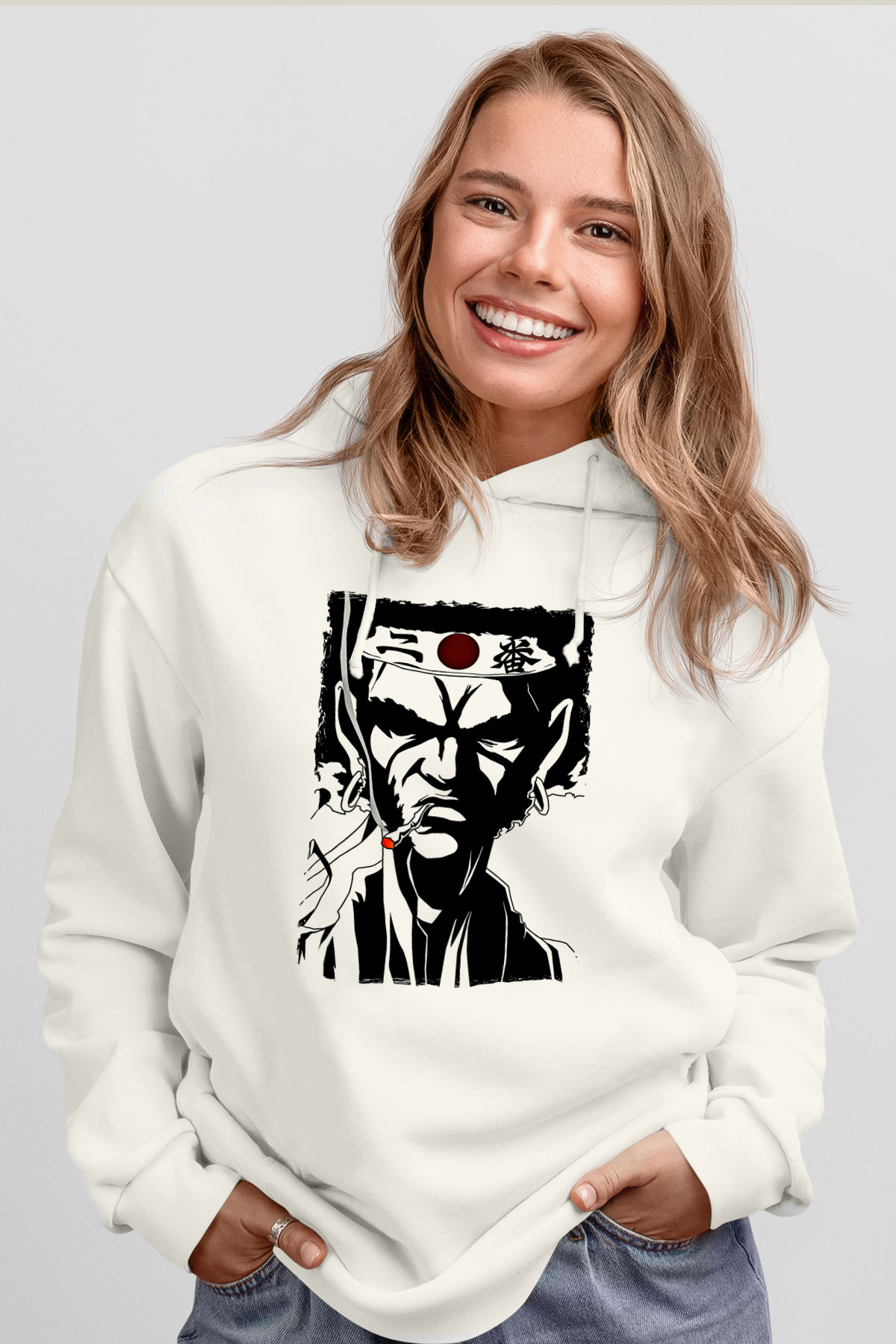 Afro Samurai Baskılı Beyaz Unisex Hoodie