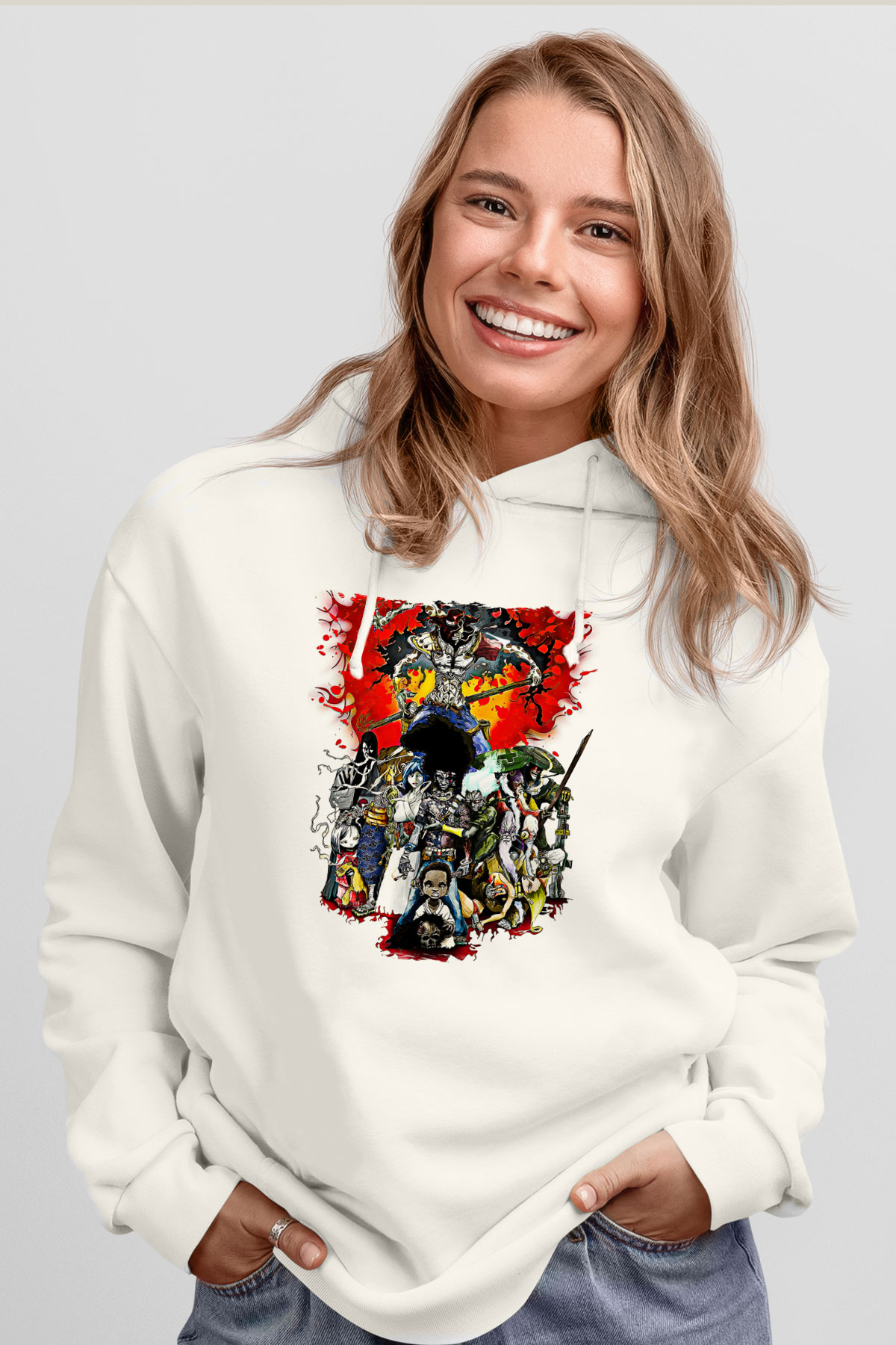 Afro Samurai Baskılı Beyaz Unisex Hoodie
