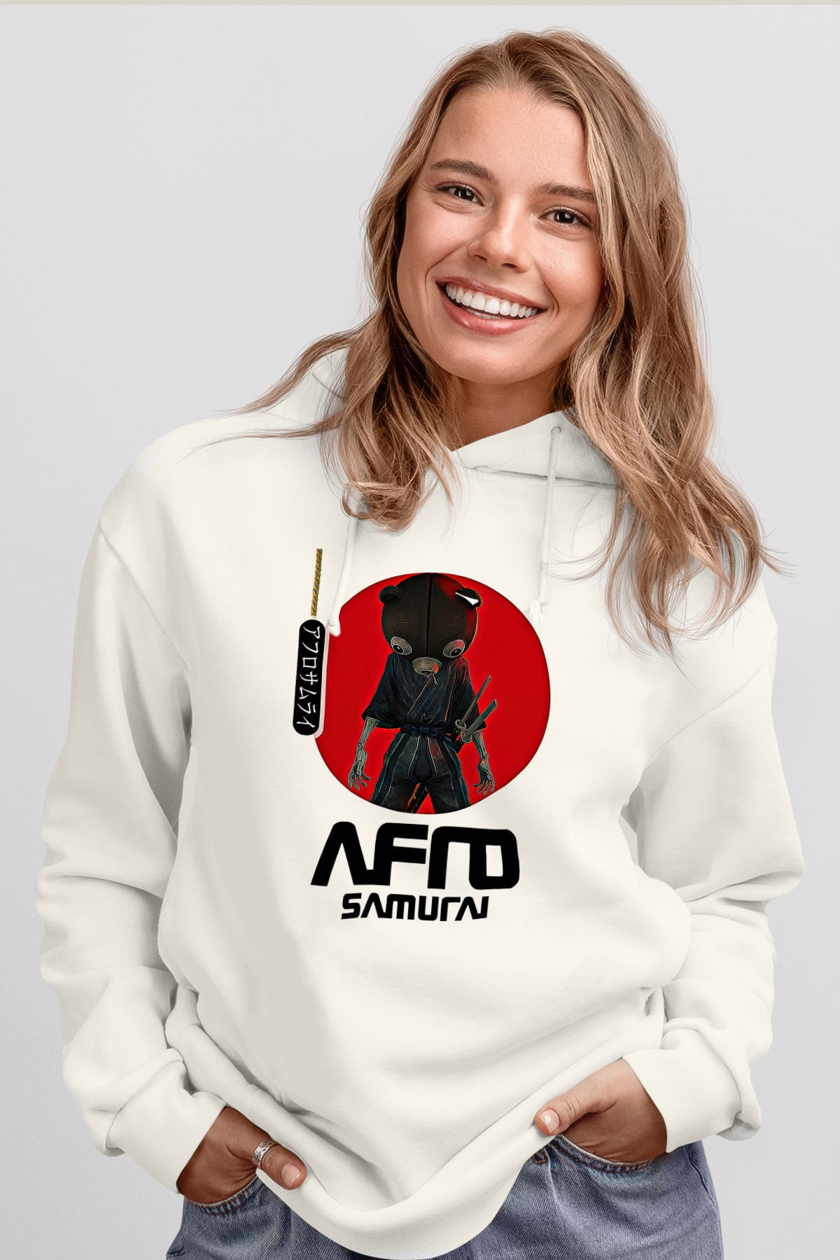 Afro Samurai Baskılı Beyaz Unisex Hoodie