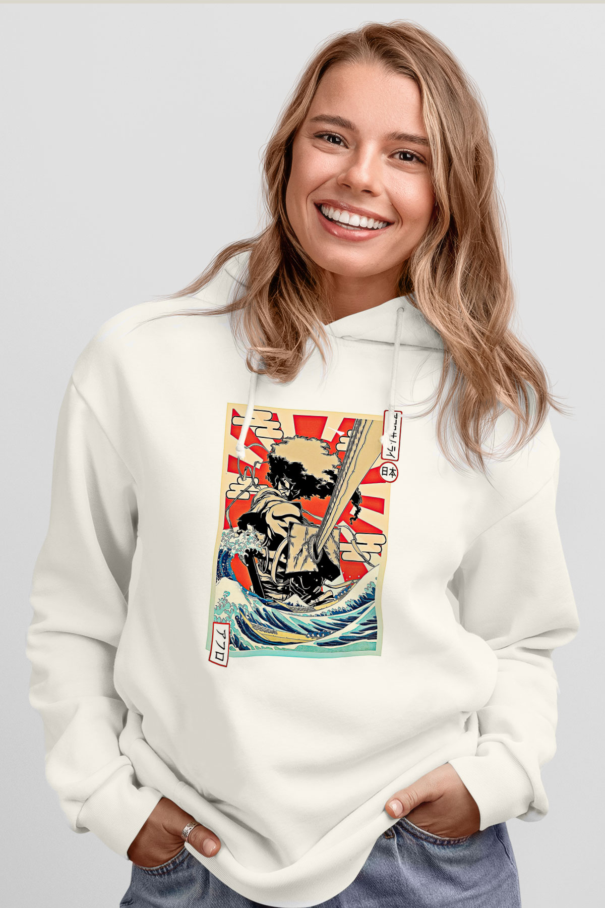Afro Samurai Baskılı Beyaz Unisex Hoodie