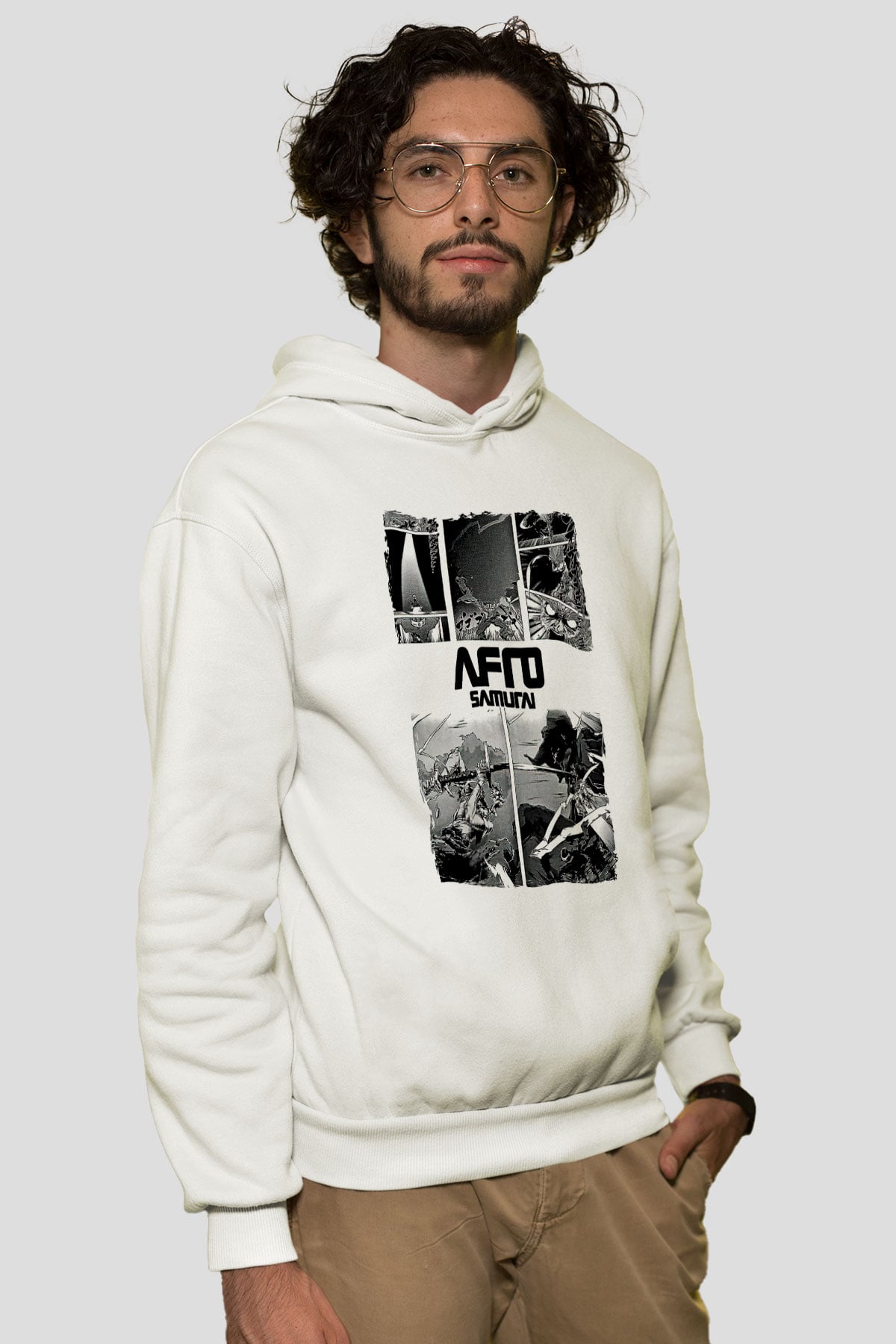 Afro Samurai Baskılı Beyaz Unisex Hoodie
