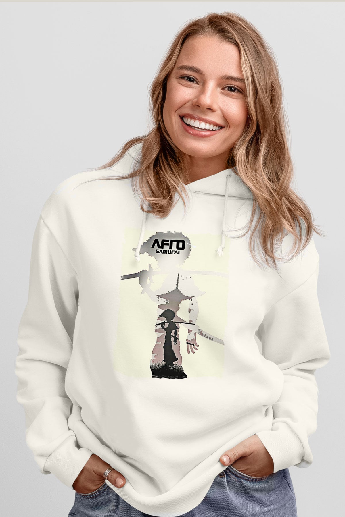 Afro Samurai Baskılı Beyaz Unisex Hoodie