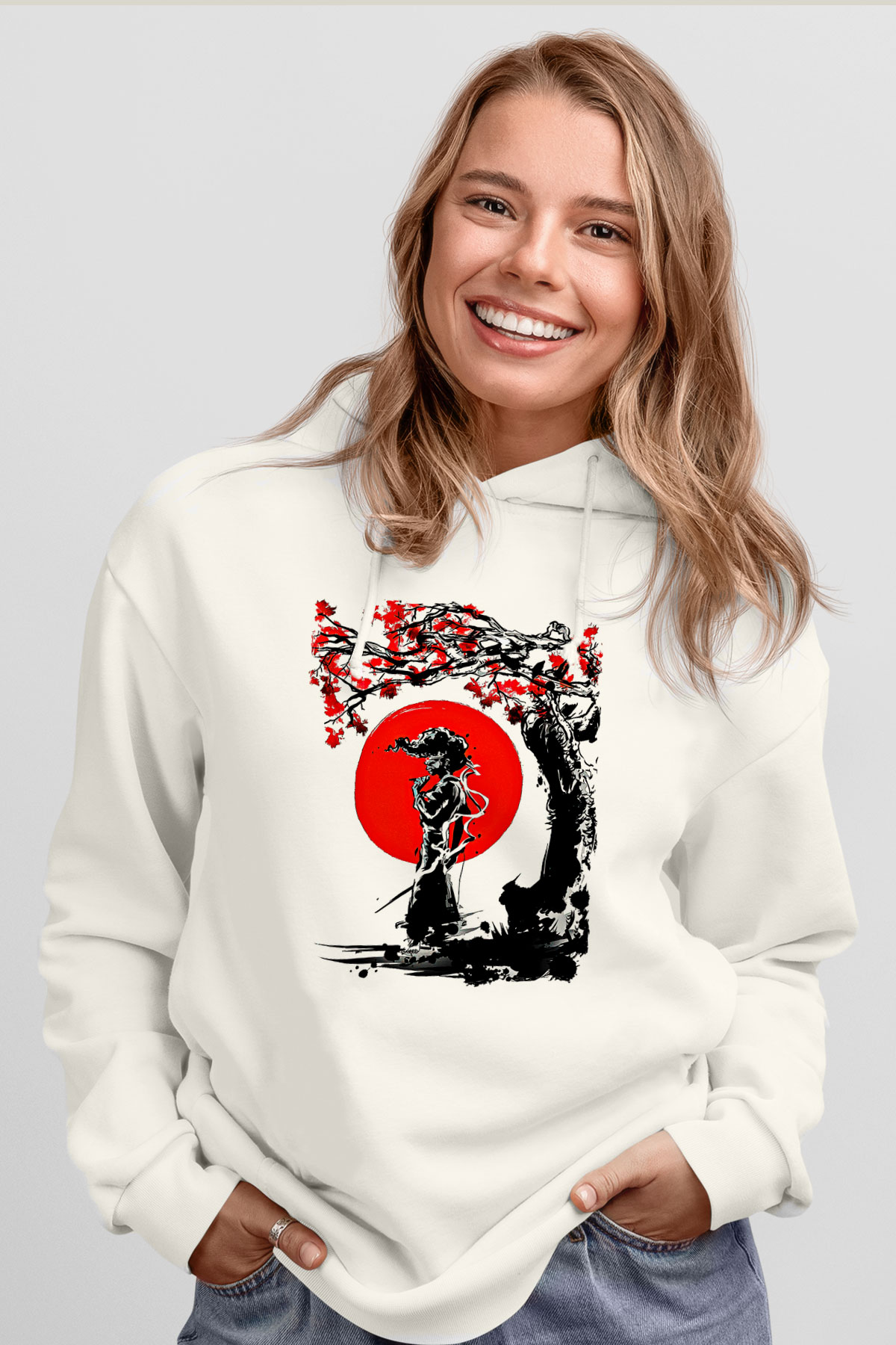 Afro Samurai Baskılı Beyaz Unisex Hoodie