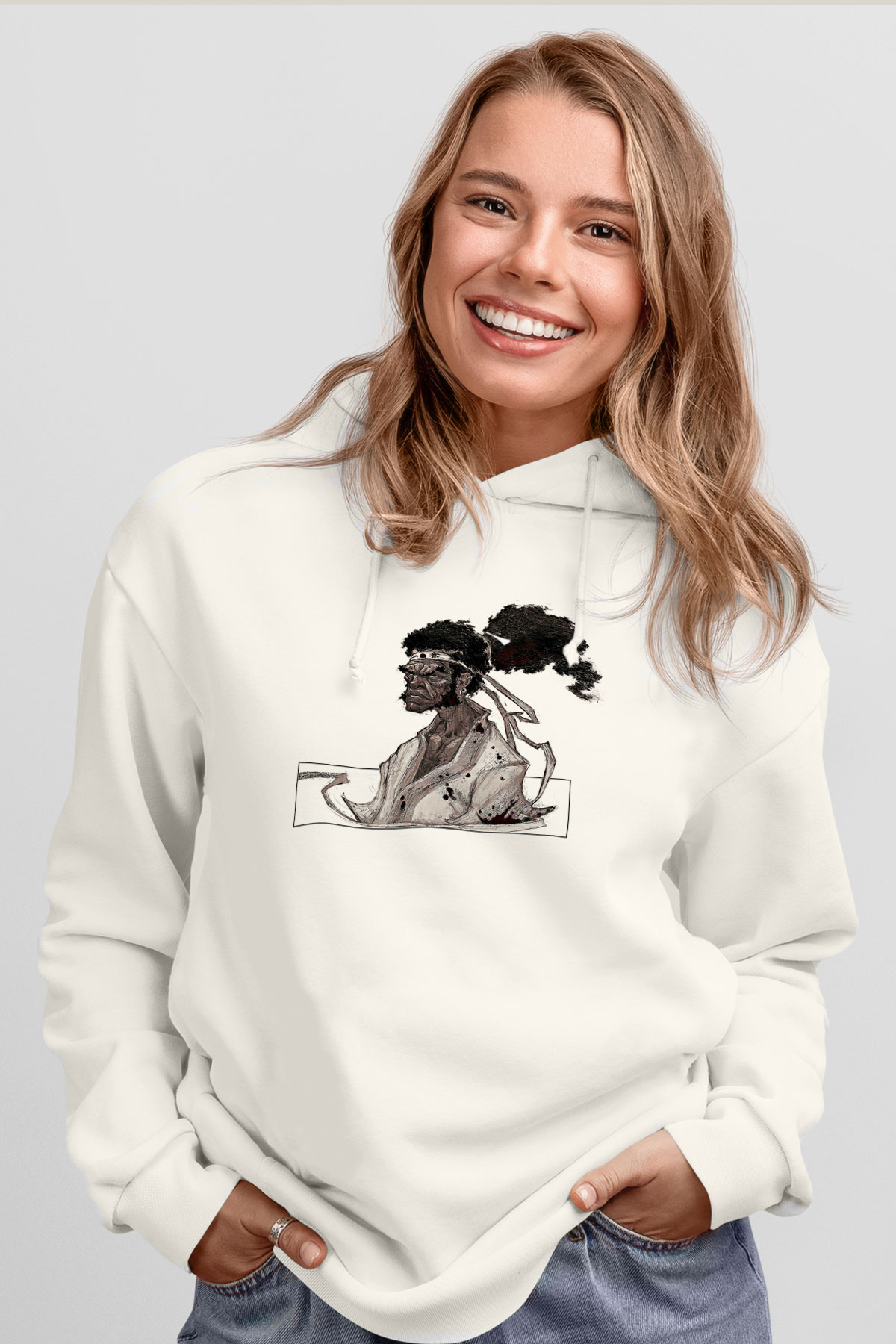 Afro Samurai Baskılı Beyaz Unisex Hoodie