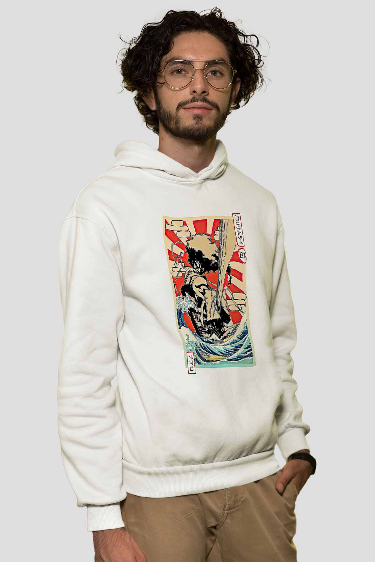 Afro Samurai Baskılı Beyaz Unisex Hoodie