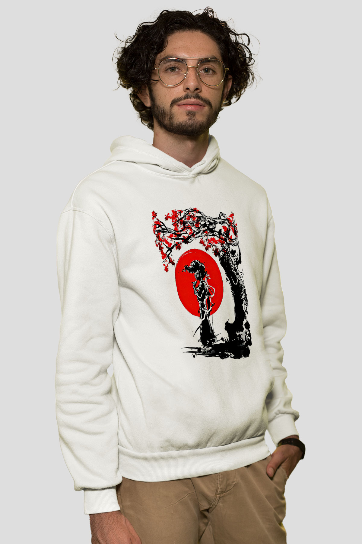 Afro Samurai Baskılı Beyaz Unisex Hoodie