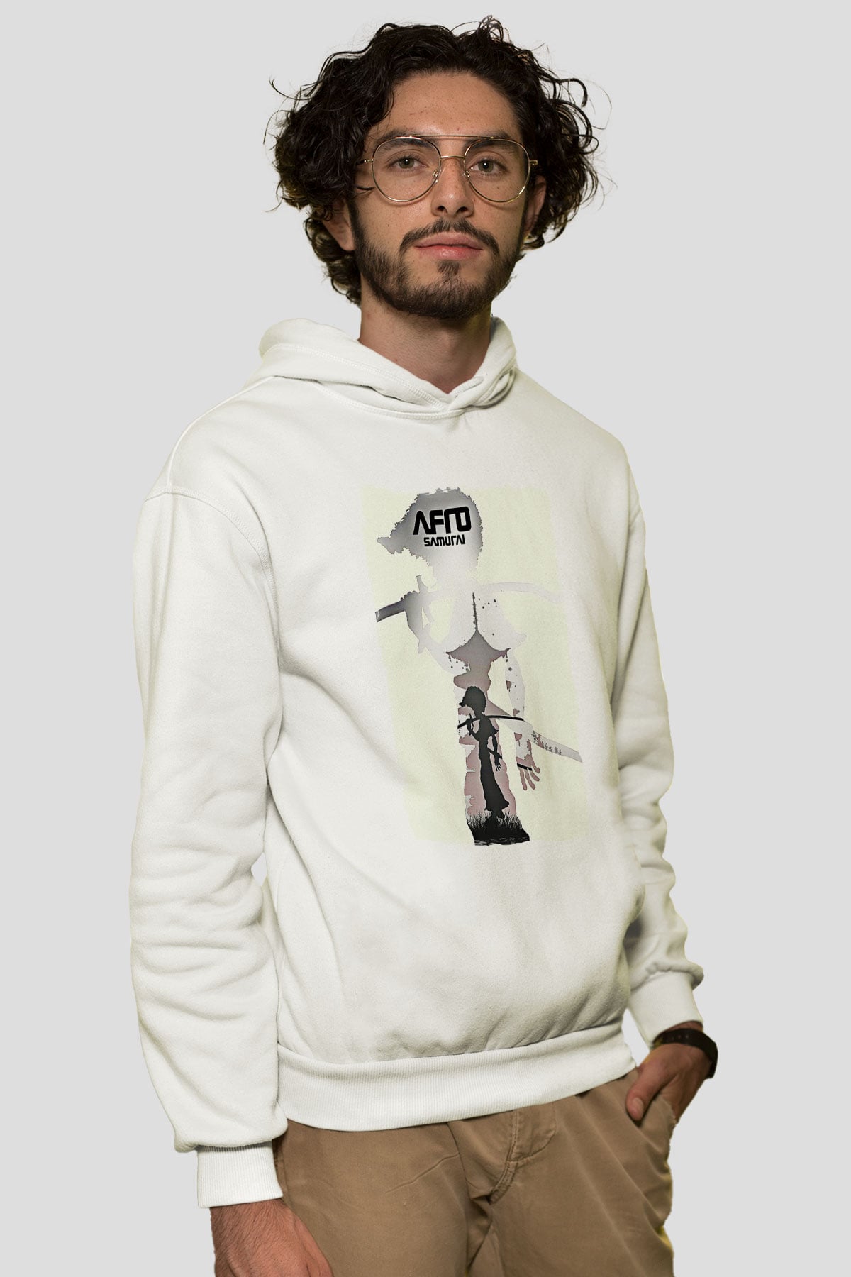 Afro Samurai Baskılı Beyaz Unisex Hoodie