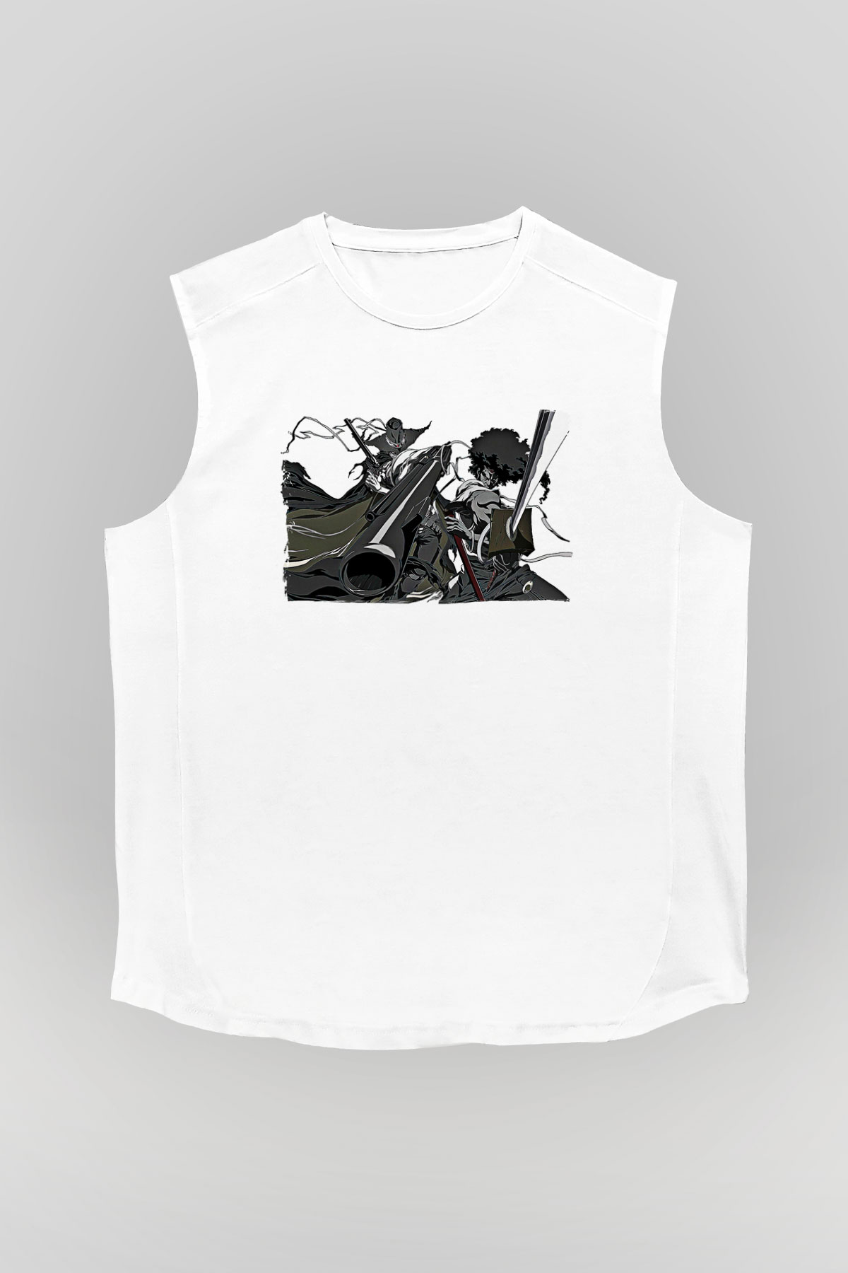 Afro Samurai Baskılı Beyaz Unisex Kolsuz Tişört - Tshirt
