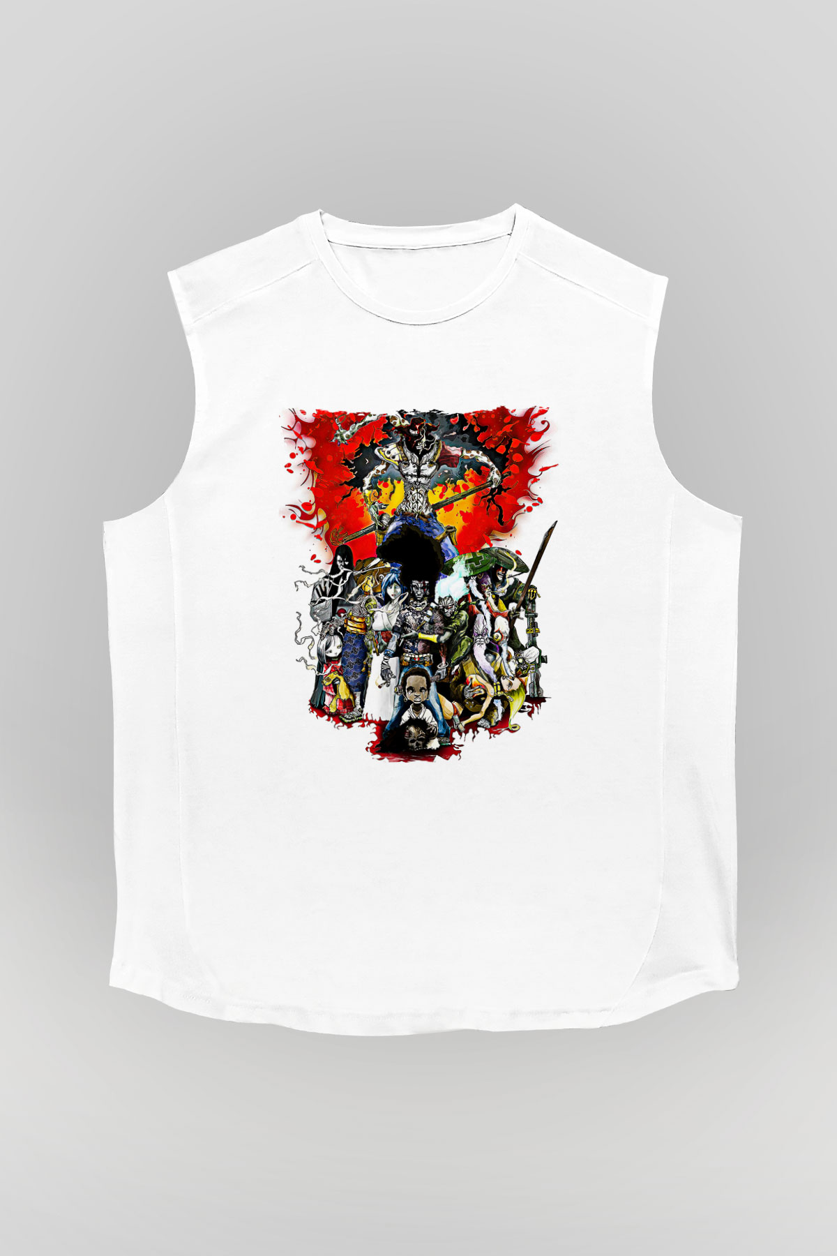 Afro Samurai Baskılı Beyaz Unisex Kolsuz Tişört - Tshirt
