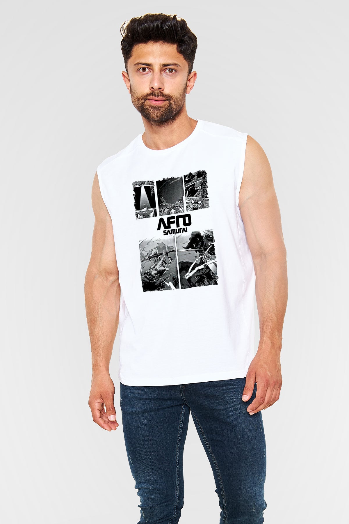 Afro Samurai Baskılı Beyaz Unisex Kolsuz Tişört - Tshirt
