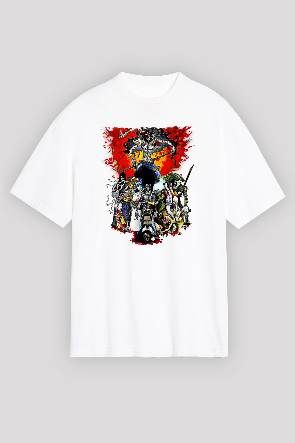 Afro Samurai Baskılı Beyaz Unisex Oversize Tişört - Tshirt