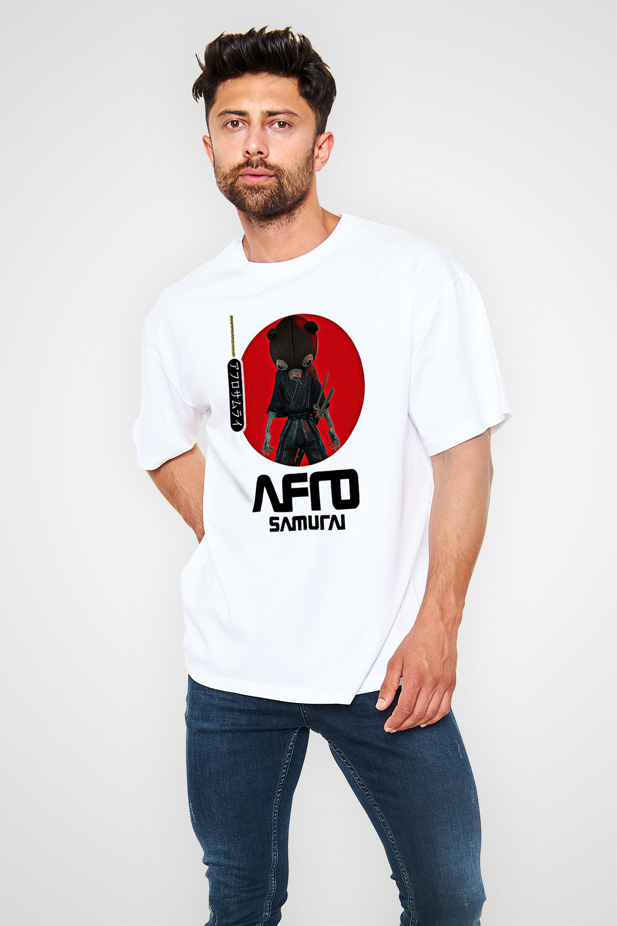 Afro Samurai Baskılı Beyaz Unisex Oversize Tişört - Tshirt