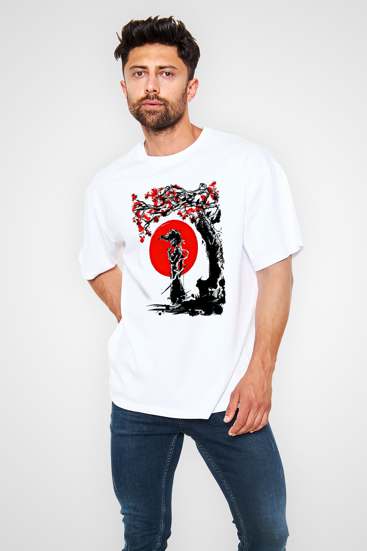 Afro Samurai Baskılı Beyaz Unisex Oversize Tişört - Tshirt
