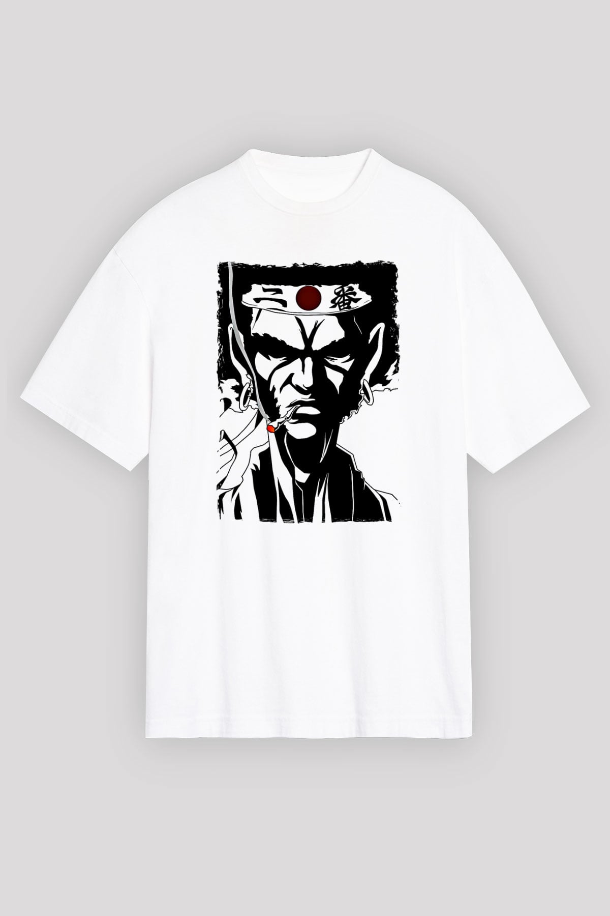 Afro Samurai Baskılı Beyaz Unisex Oversize Tişört - Tshirt