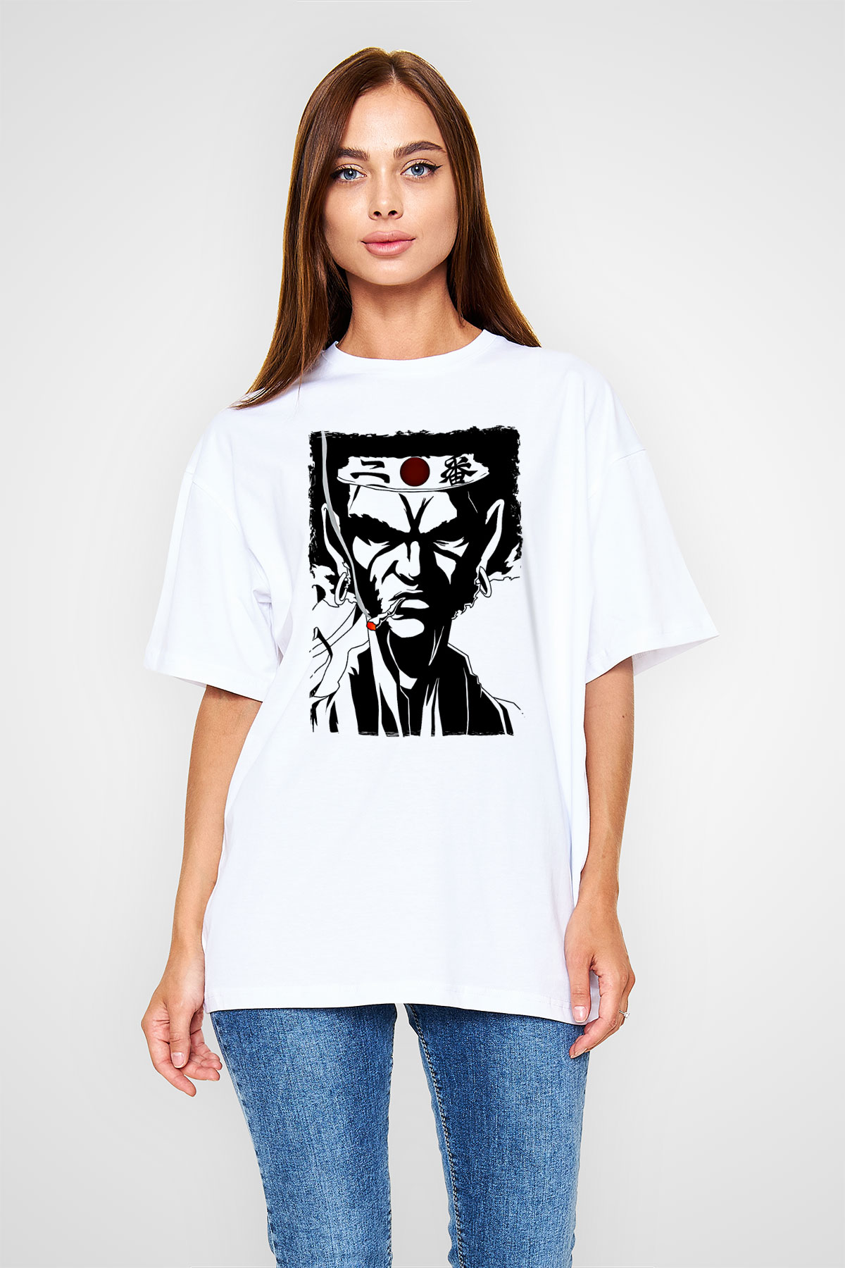 Afro Samurai Baskılı Beyaz Unisex Oversize Tişört - Tshirt