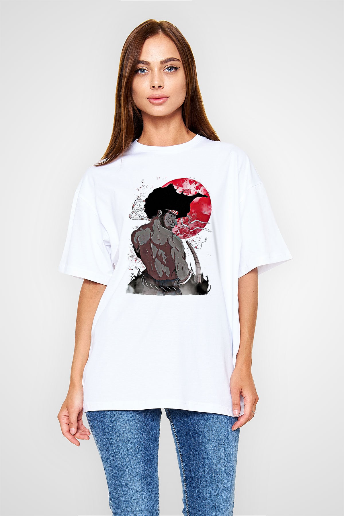 Afro Samurai Baskılı Beyaz Unisex Oversize Tişört - Tshirt