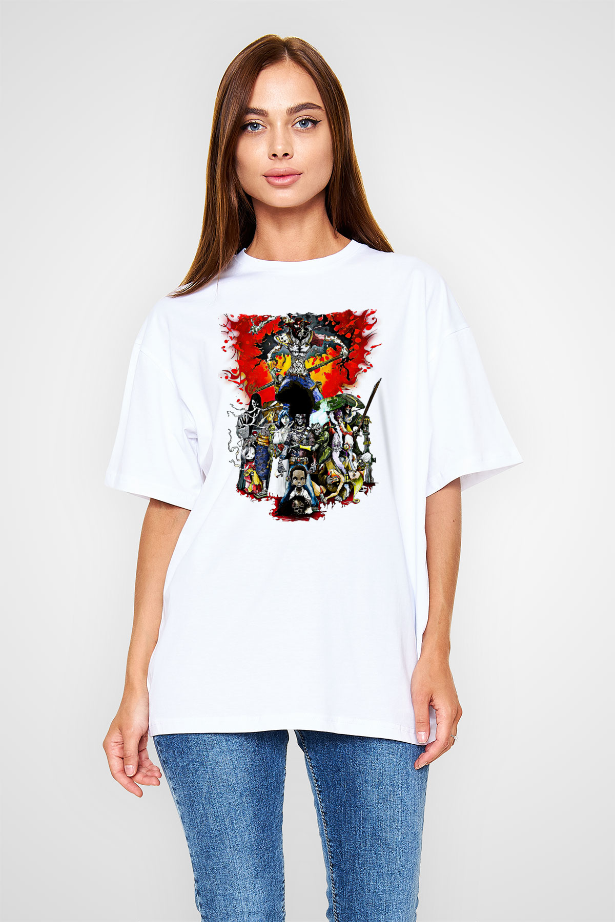 Afro Samurai Baskılı Beyaz Unisex Oversize Tişört - Tshirt