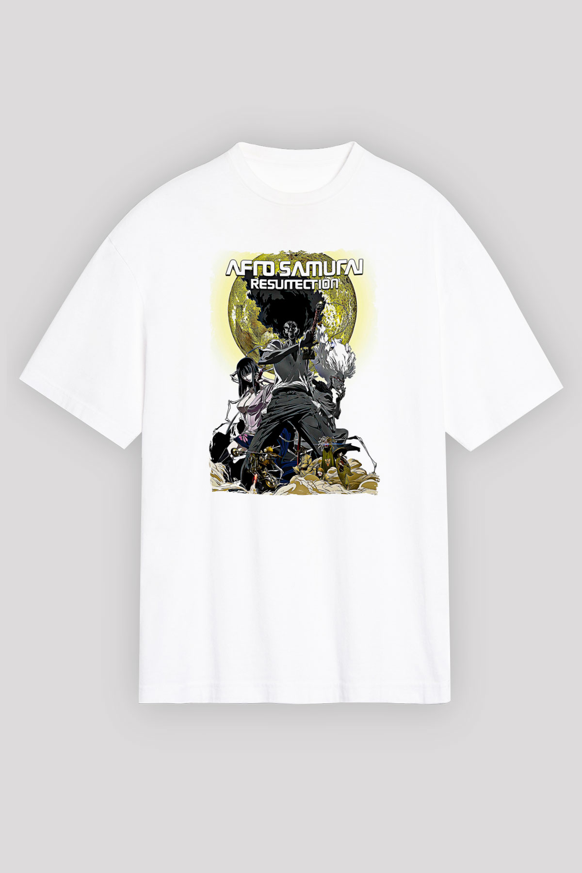 Afro Samurai Baskılı Beyaz Unisex Oversize Tişört - Tshirt