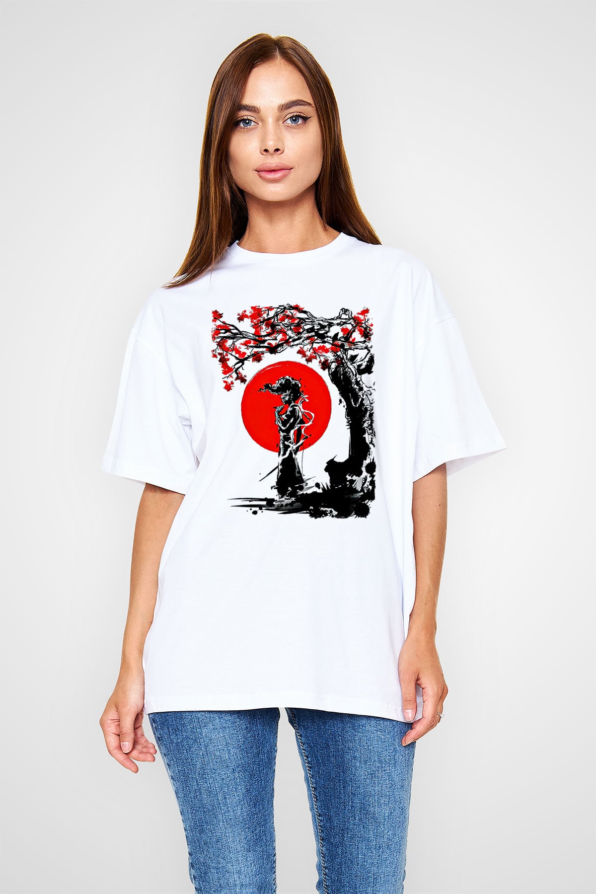 Afro Samurai Baskılı Beyaz Unisex Oversize Tişört - Tshirt