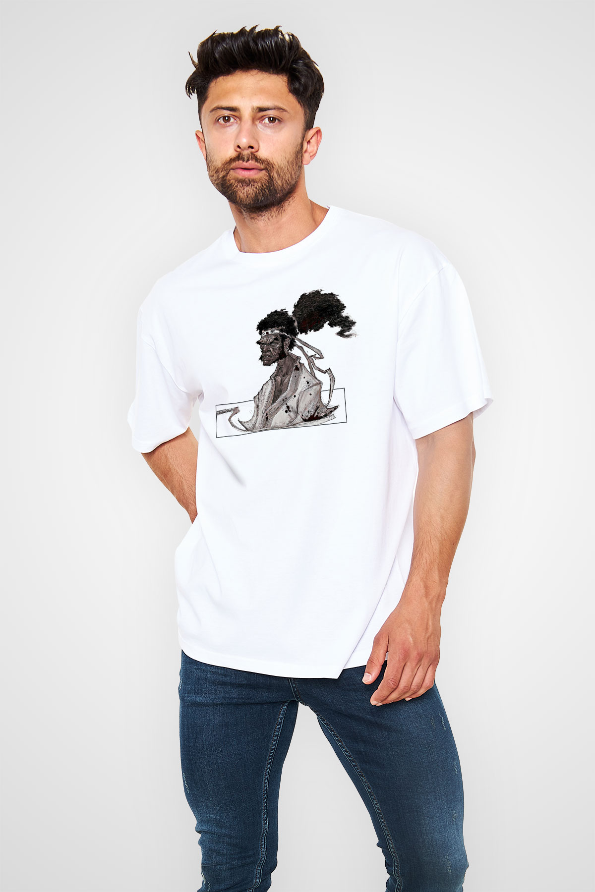 Afro Samurai Baskılı Beyaz Unisex Oversize Tişört - Tshirt
