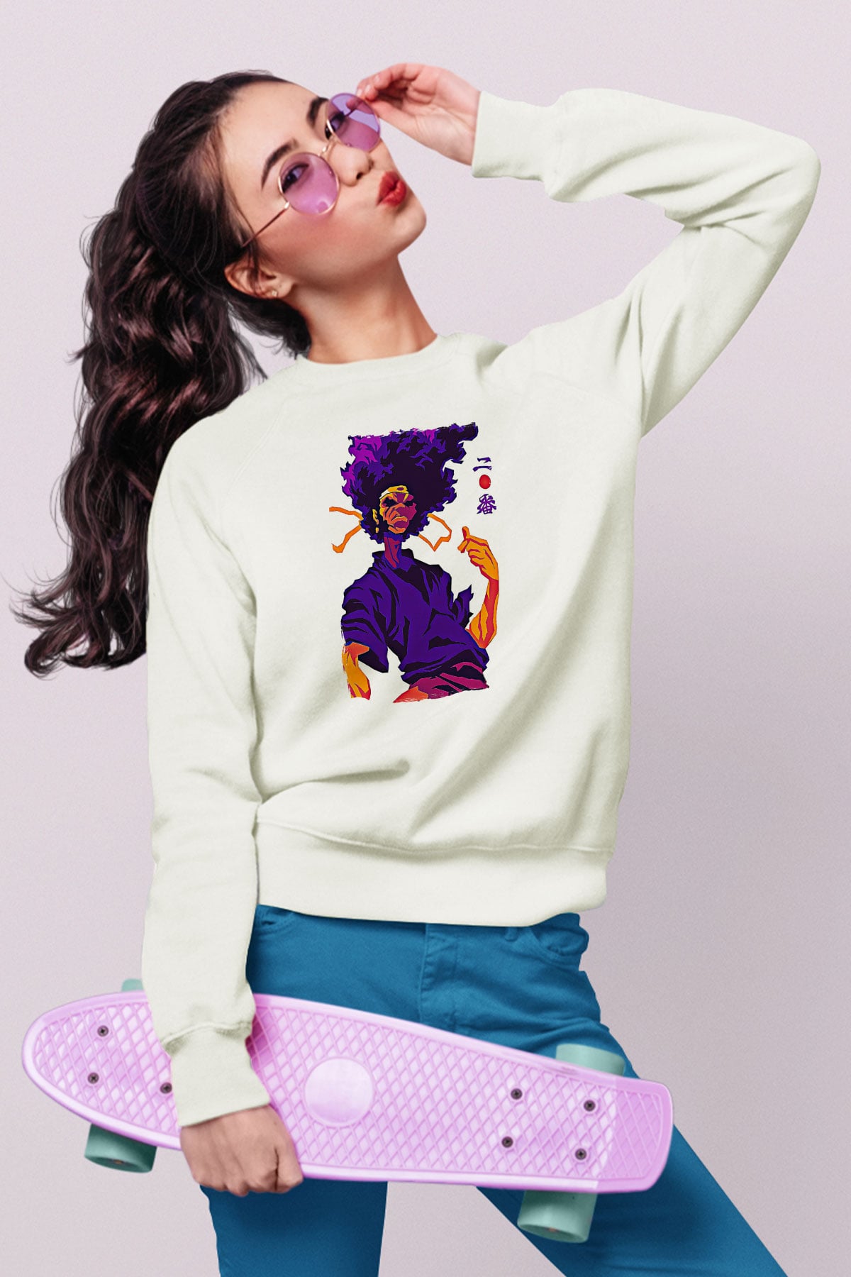 Afro Samurai Baskılı Beyaz Unisex Sweatshirt