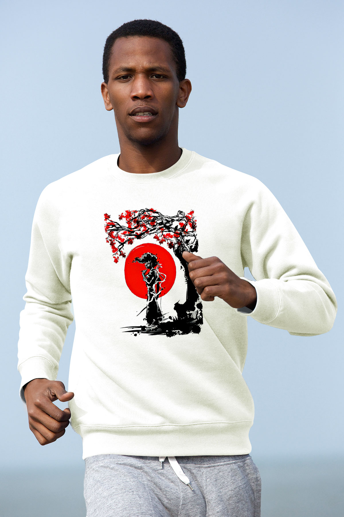 Afro Samurai Baskılı Beyaz Unisex Sweatshirt