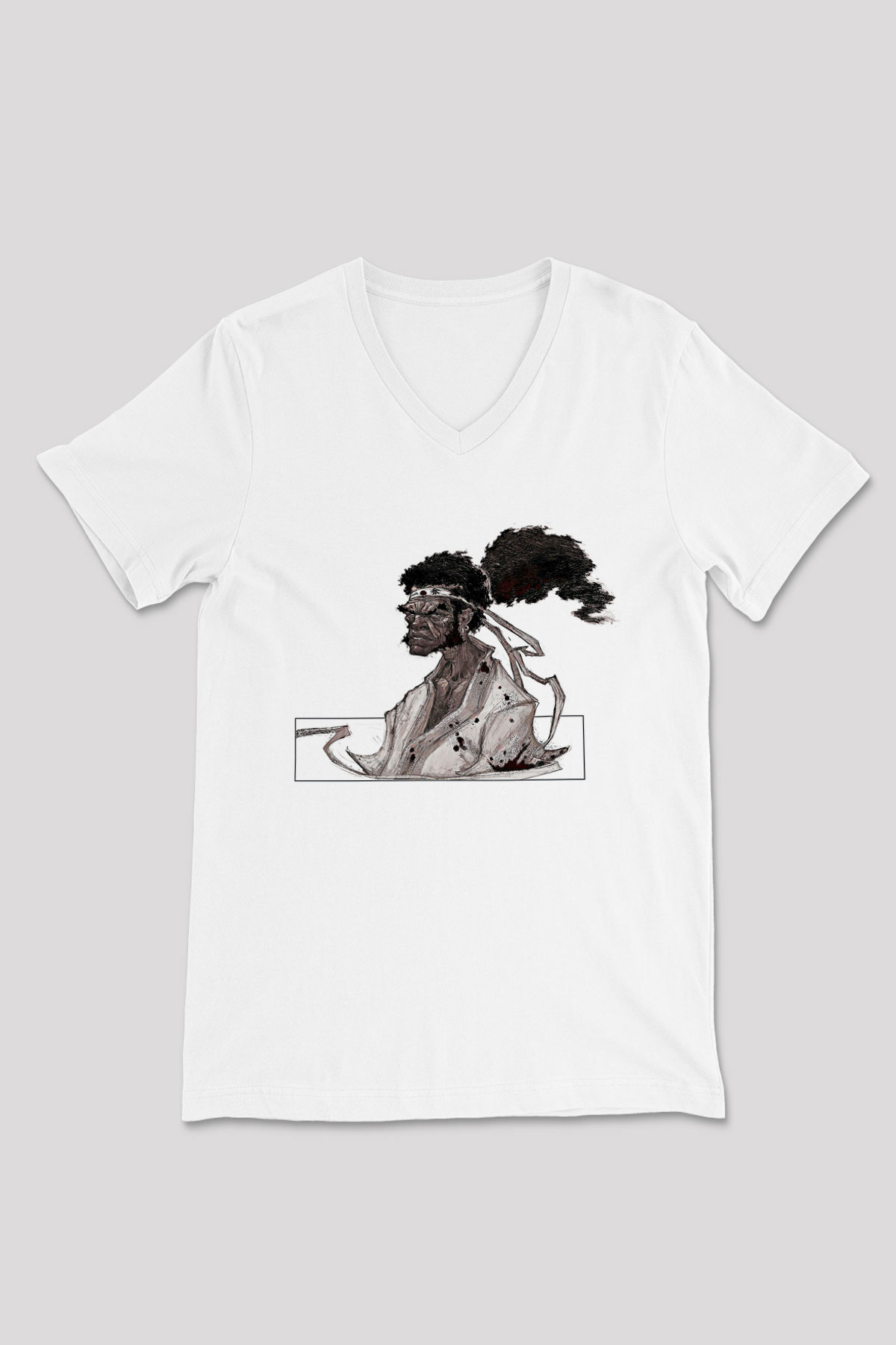 Afro Samurai Baskılı Beyaz Unisex V Yaka Tişört - Tshirt