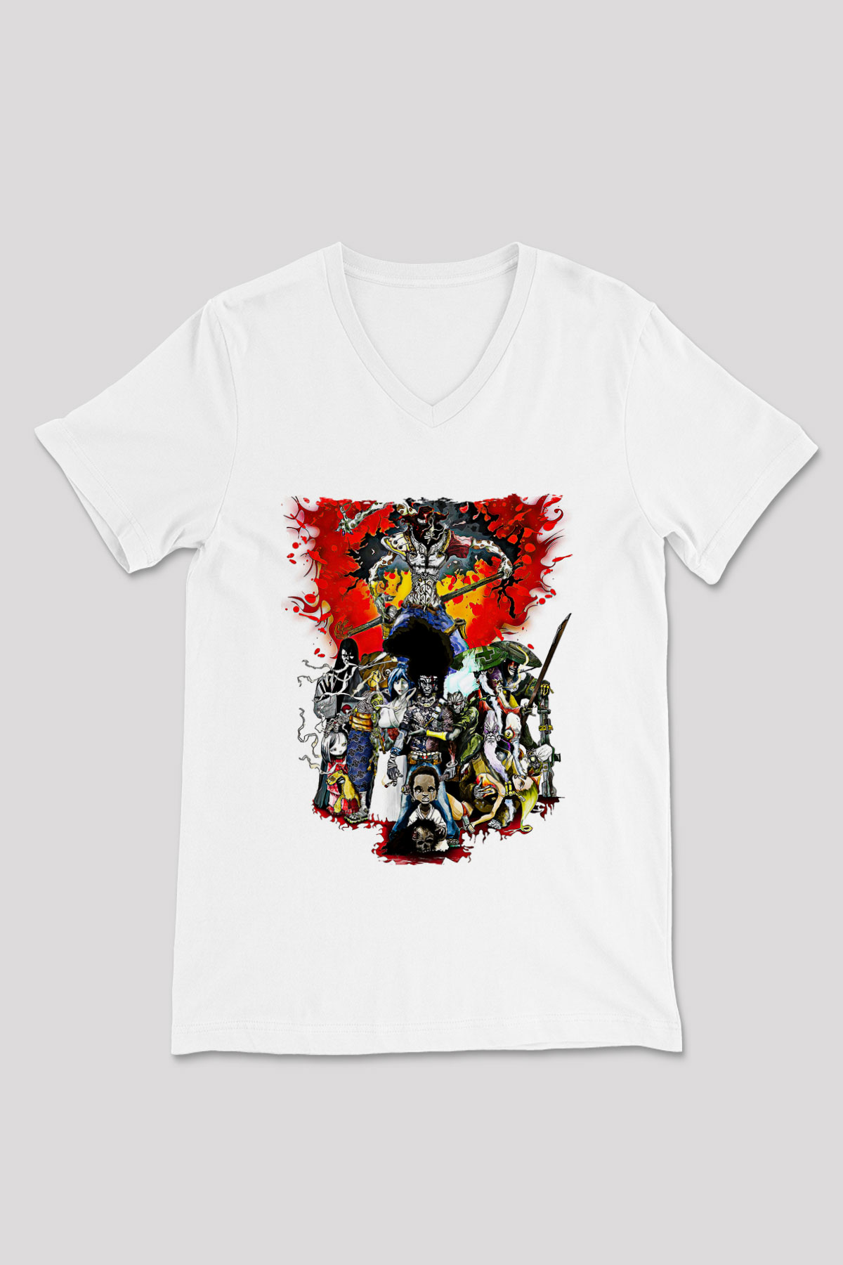 Afro Samurai Baskılı Beyaz Unisex V Yaka Tişört - Tshirt