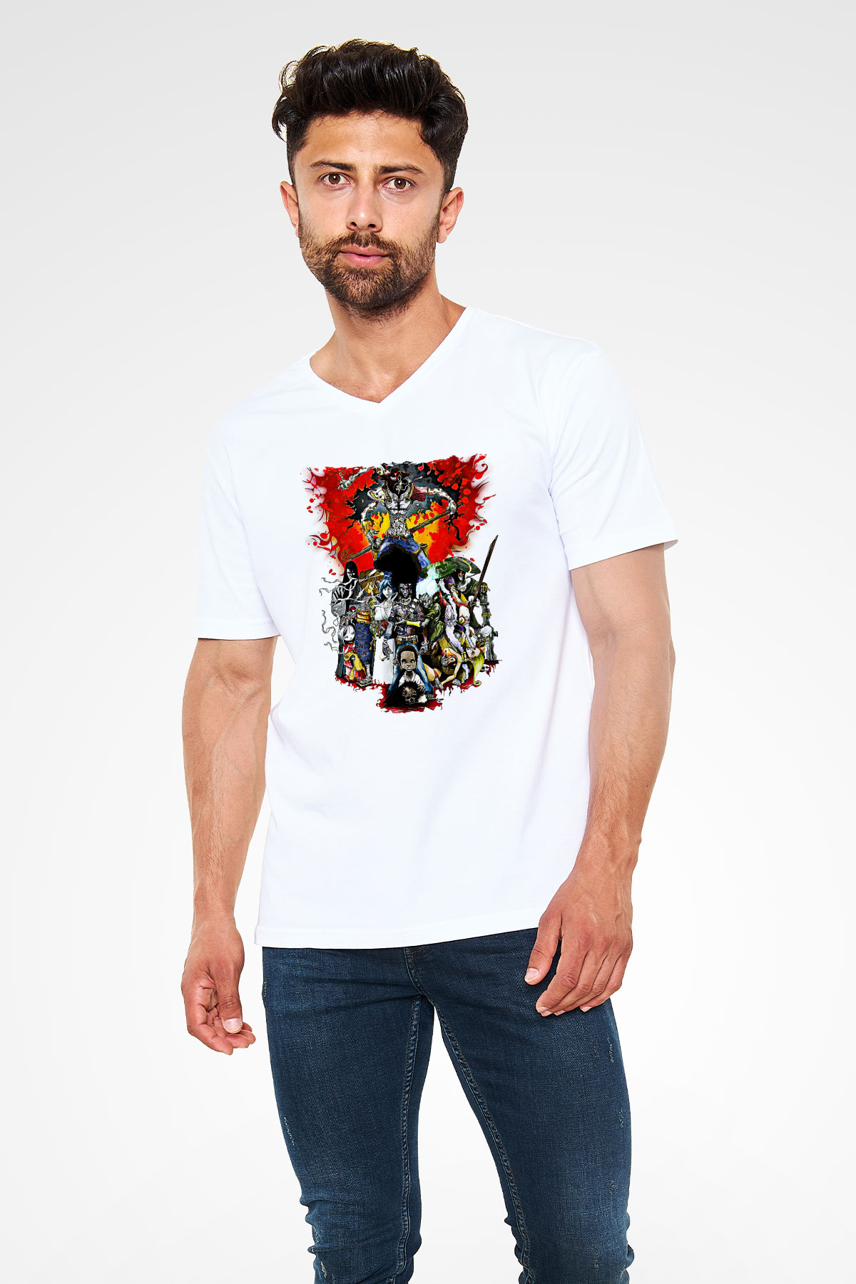 Afro Samurai Baskılı Beyaz Unisex V Yaka Tişört - Tshirt