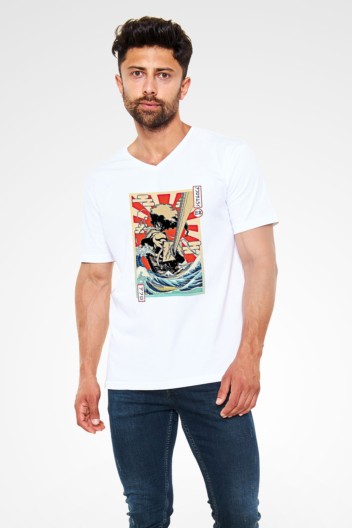 Afro Samurai Baskılı Beyaz Unisex V Yaka Tişört - Tshirt